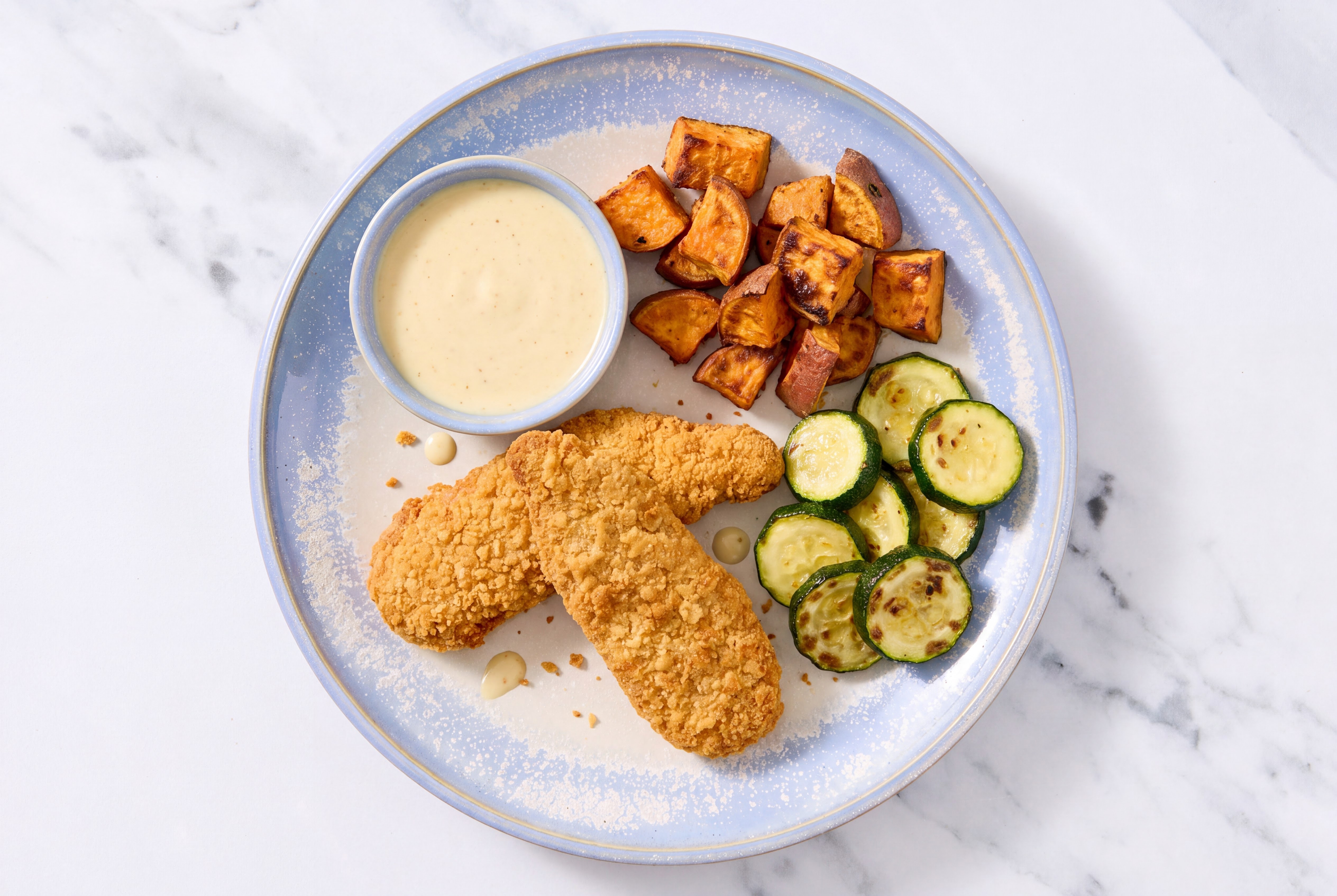 "Chicken" Tenders + Roasted Sweet Potatoes with Miso Caesar