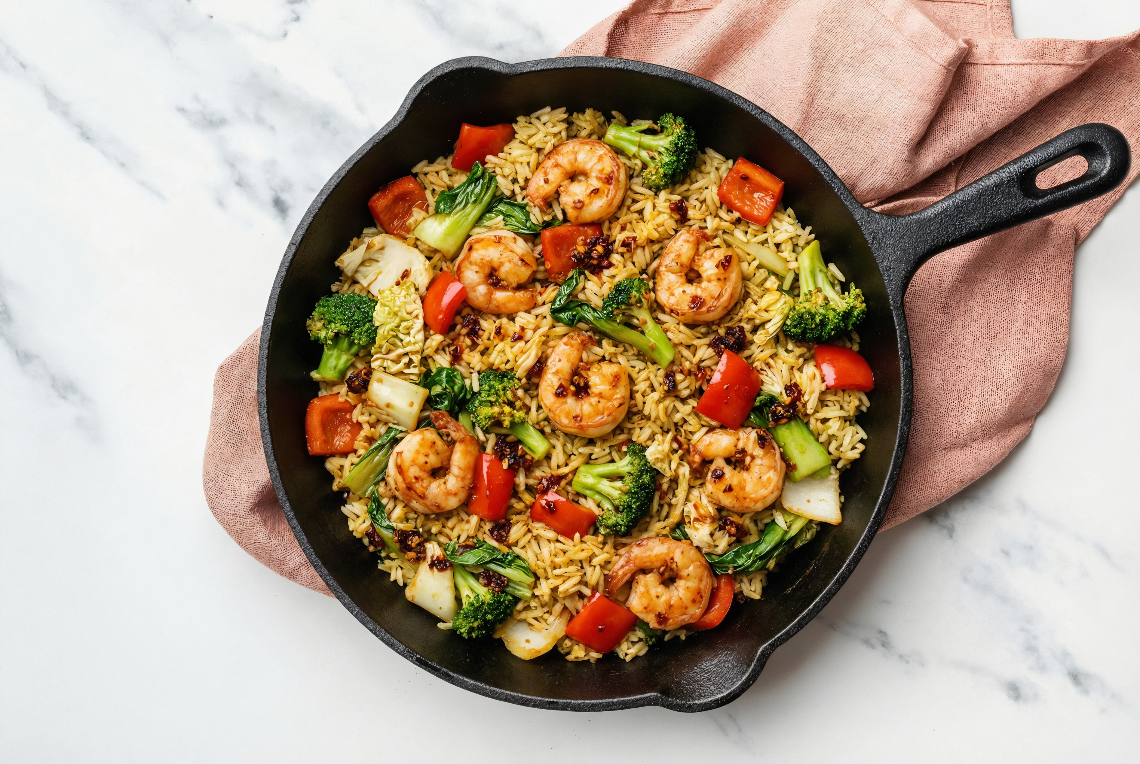 Chili Crisp Shrimp with Bok Choy Mix + Bell Pepper over Seasoned Jasmine Rice