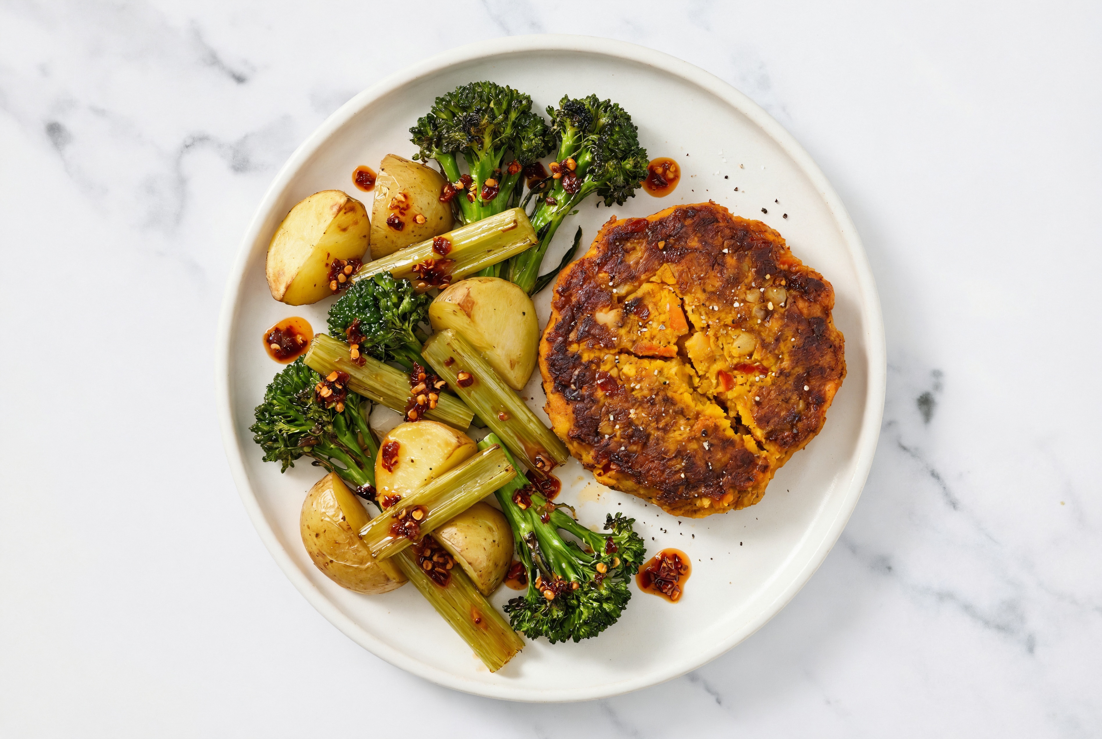 Roasted Celery + Yellow Potatoes with Chili Crisp Lime, Veggie Sweet Potato Burger Patties Plate