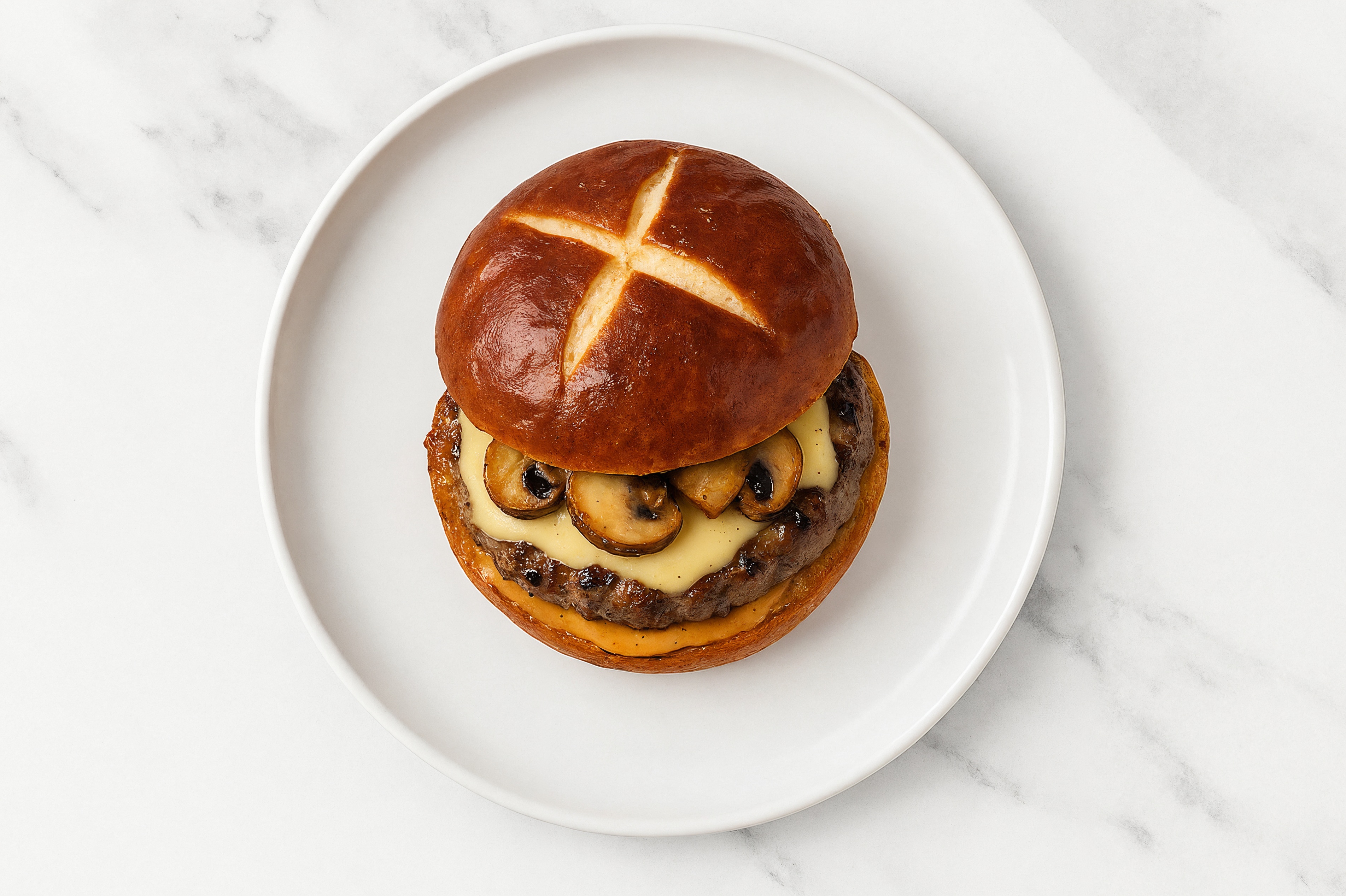 Sautéed Mushroom + Havarti Ground Beef Patties Burger with Creamy Smoky BBQ