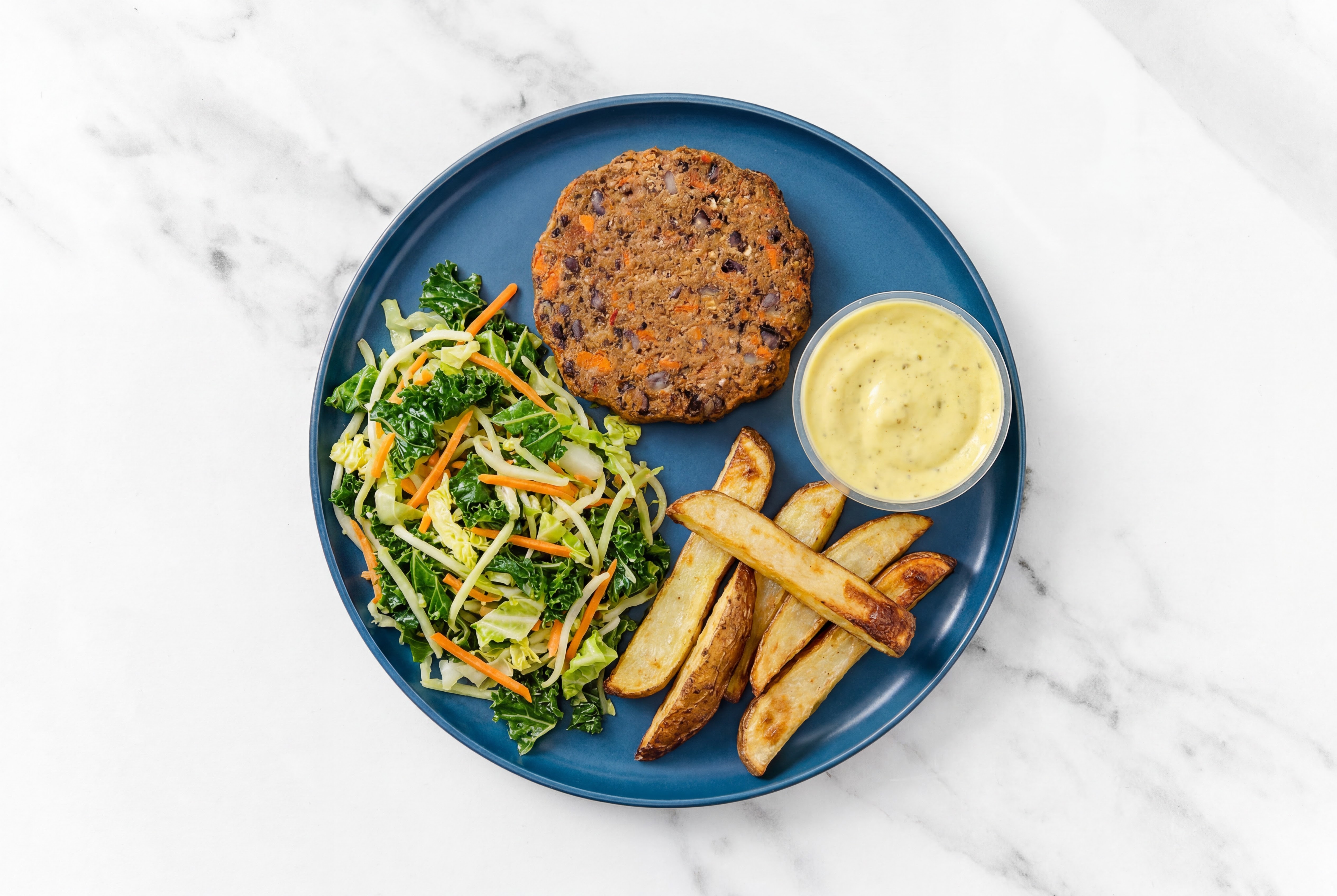 Veggie Black Bean Burger Patties Plate with Sautéed Veggies + Baked Microwave-Ready Russet Potato