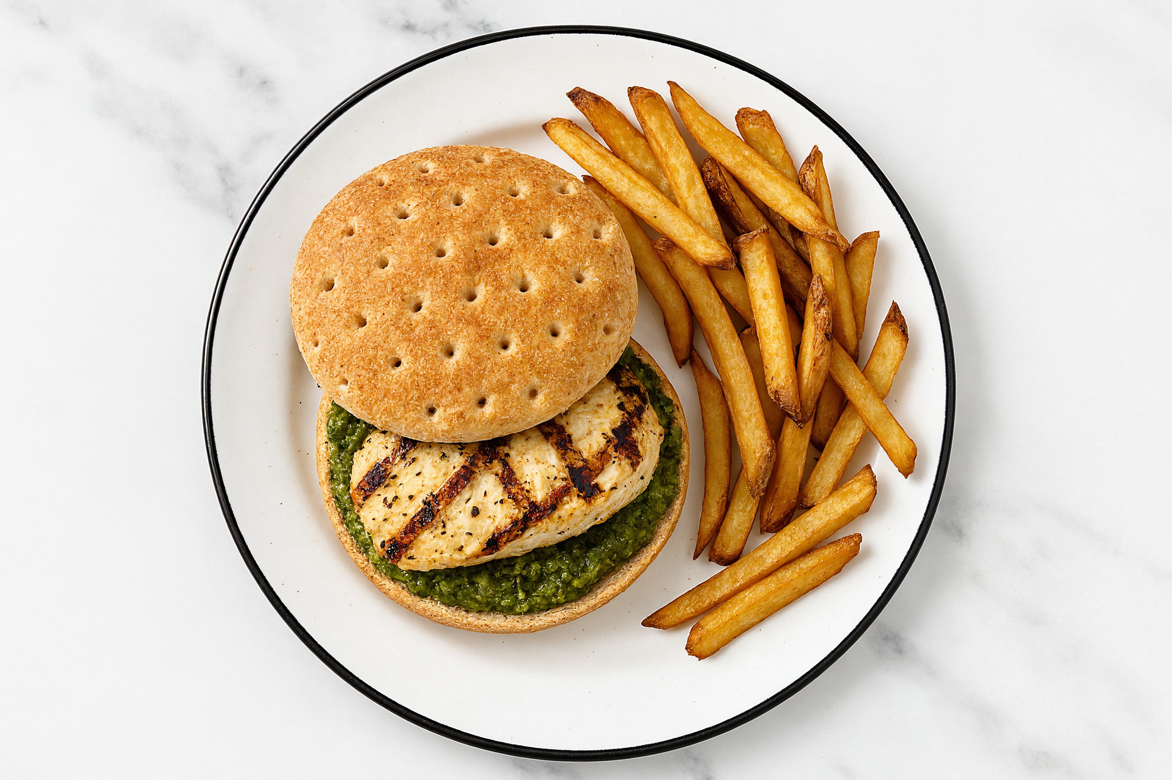 Grilled Kale Pesto Mediterranean Chicken Breast Sandwich + Fries