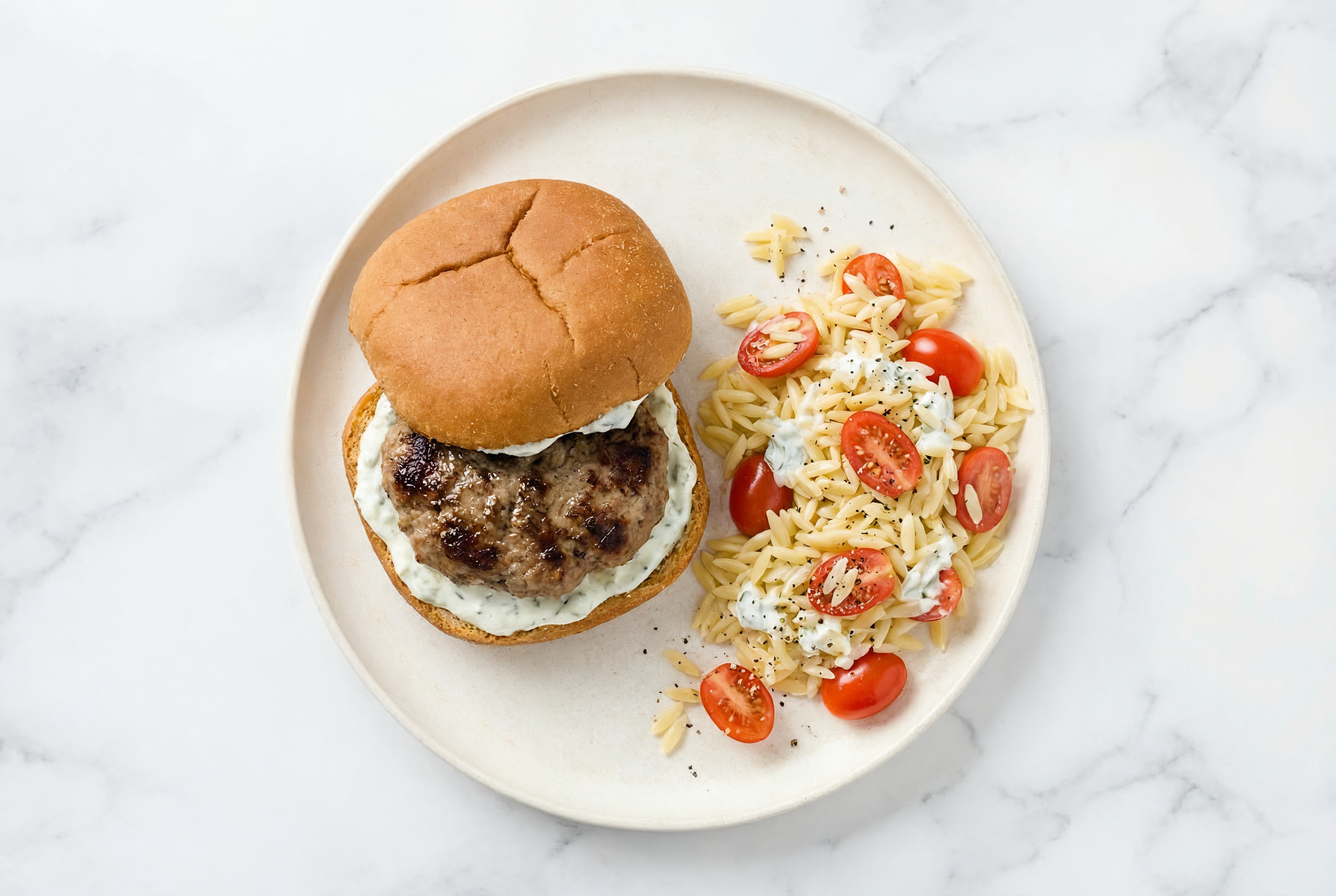 Herby Grilled Lamb Burger + Tzatziki Orzo Salad
