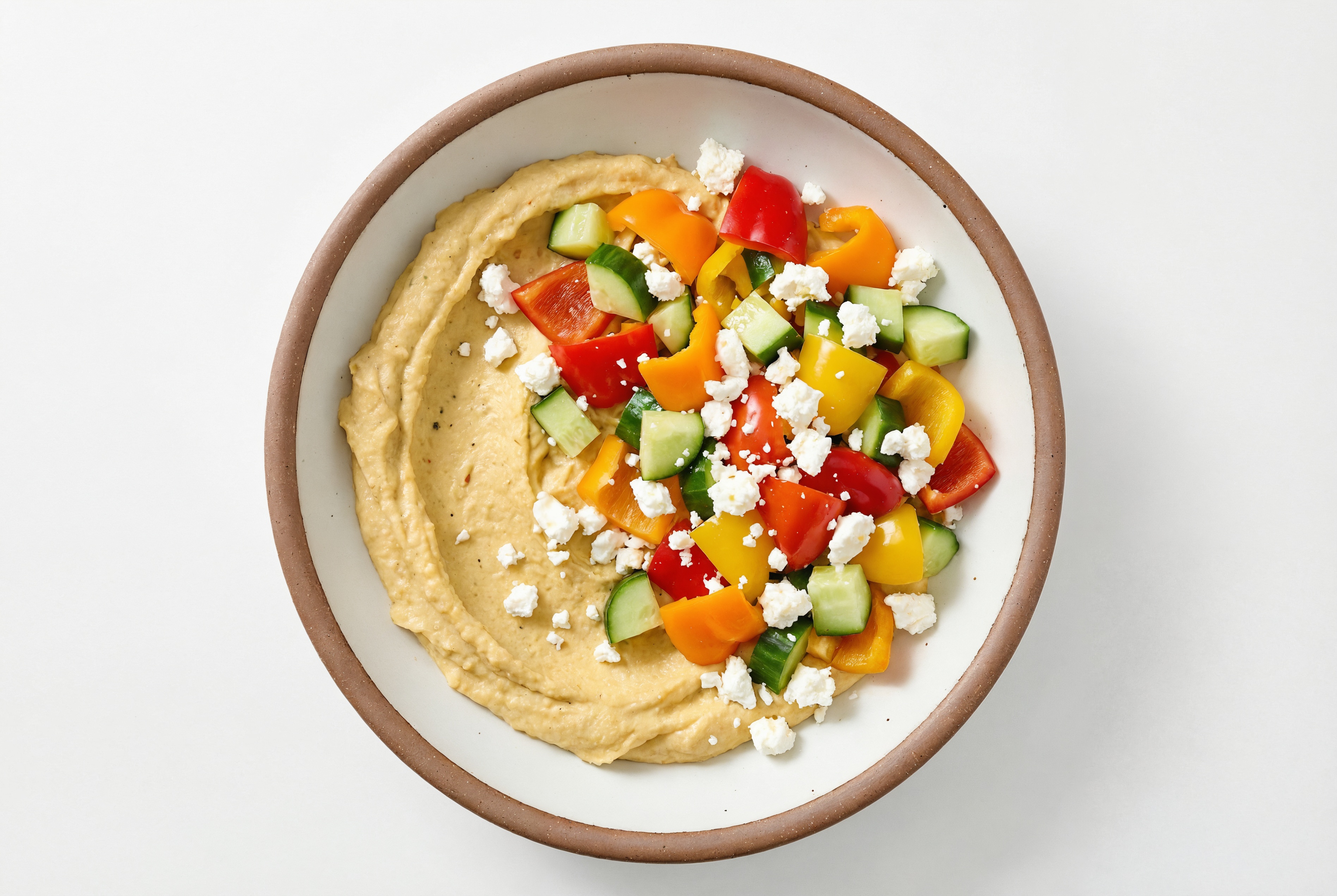 Feta Sweet Pepper Cucumber Bowl over Onion Hummus