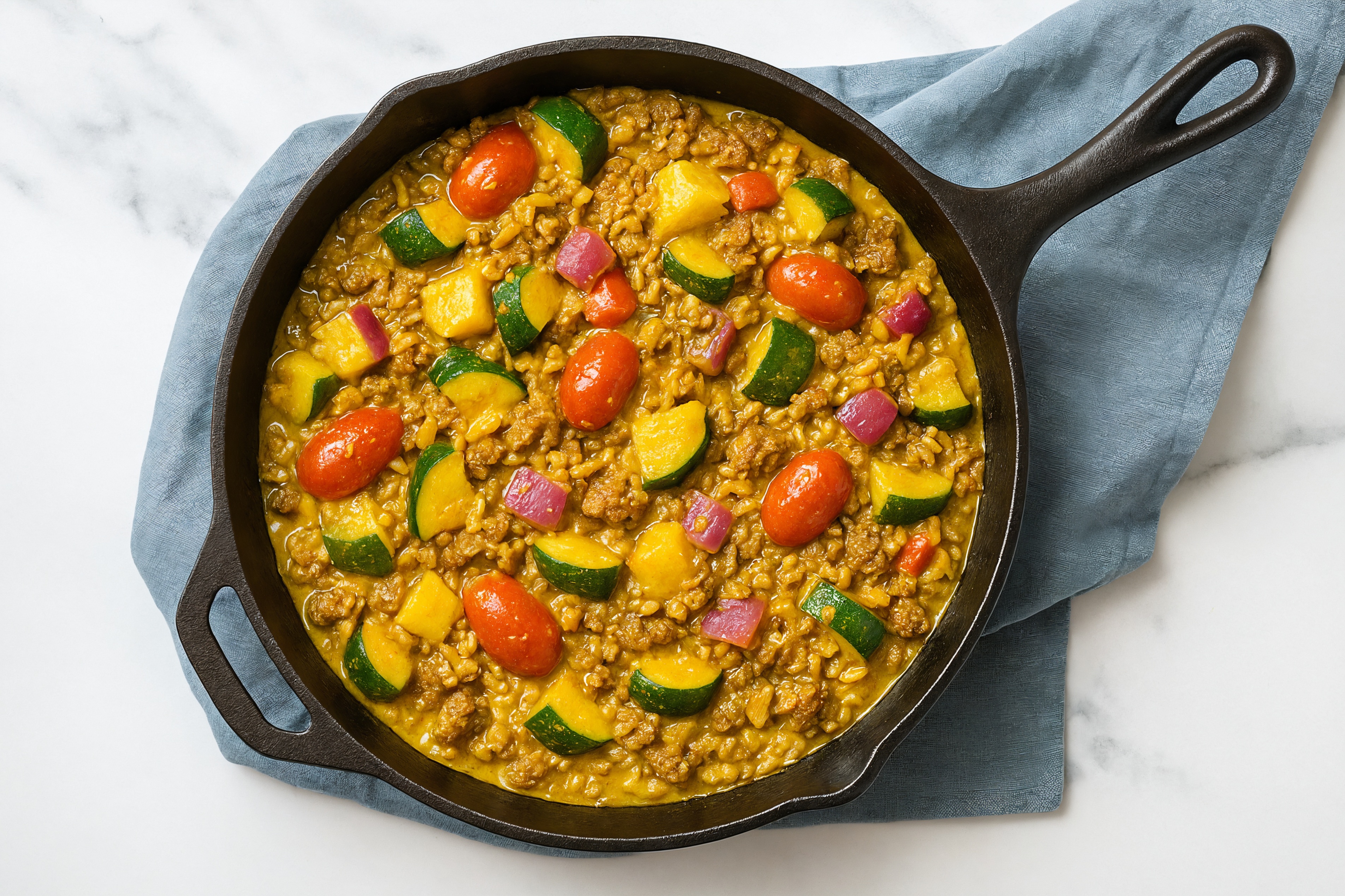 Curry Squash + Ground Bison Stir-Fry with Brown Rice
