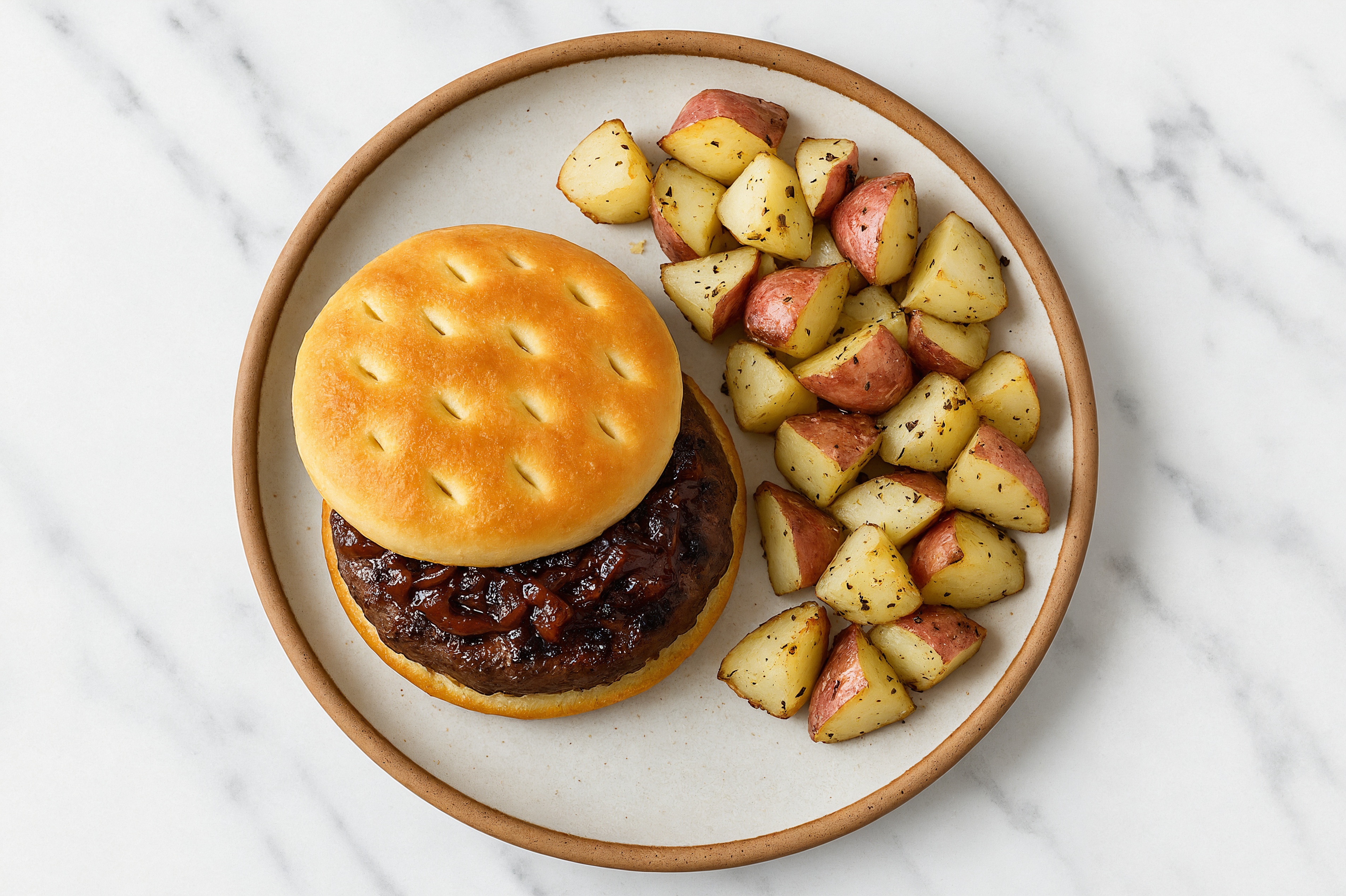 Hamburger with Maple Bacon Onion Jam + Potatoes