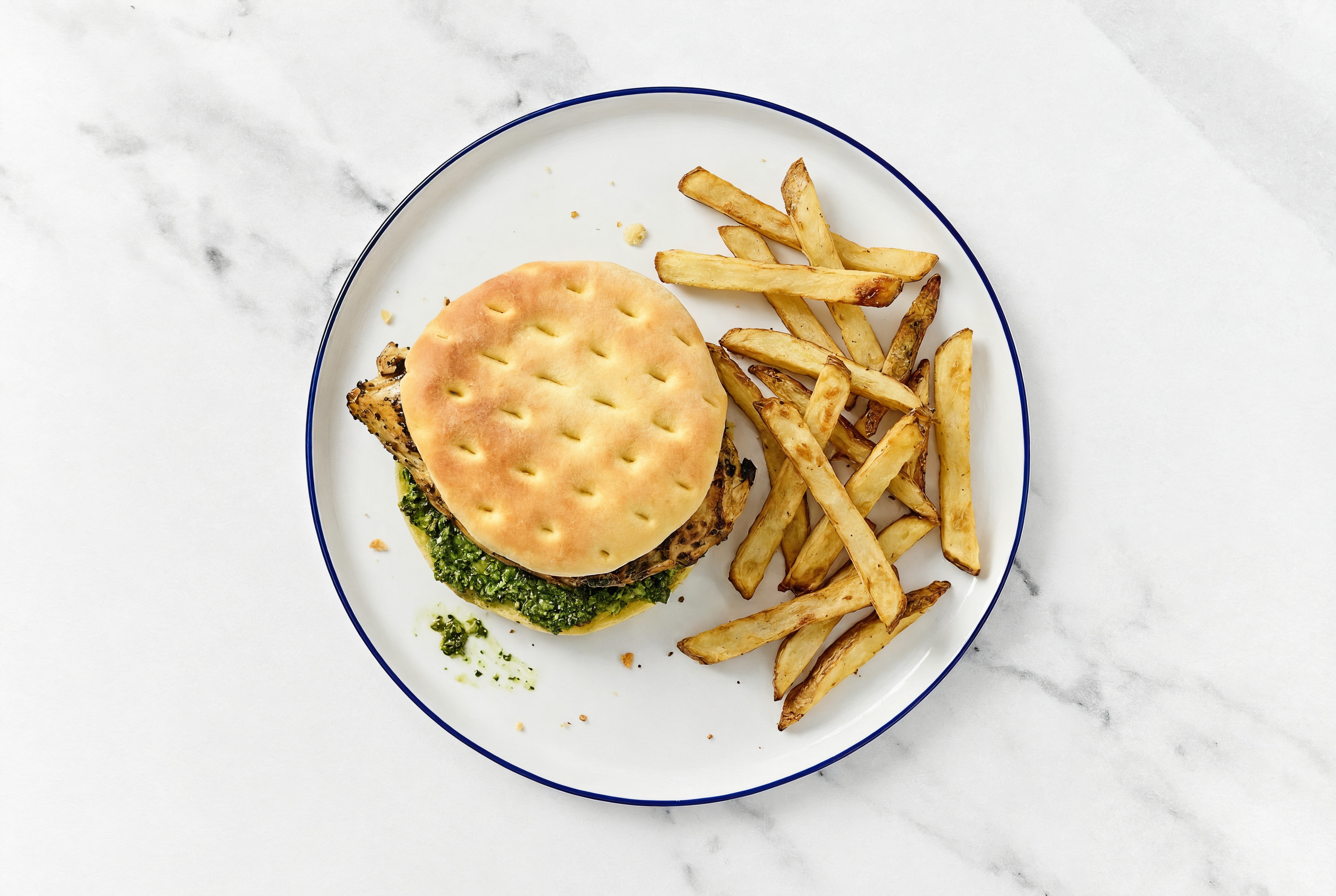Grilled Kale Pesto Mediterranean Chicken Breast Sandwich + Fries
