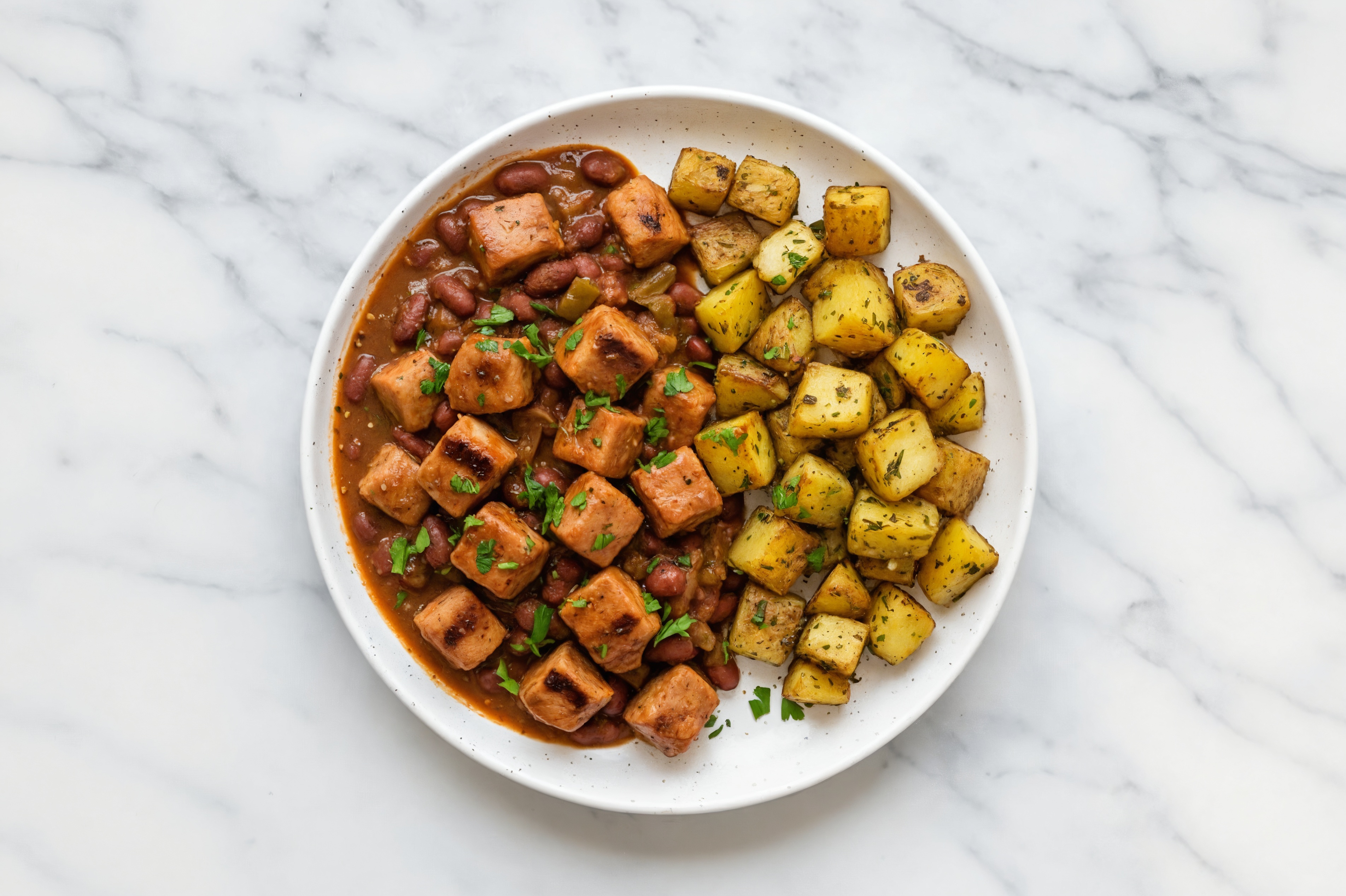 Creole Smothered Pork 'n Beans + Crispy Herbed Potatoes