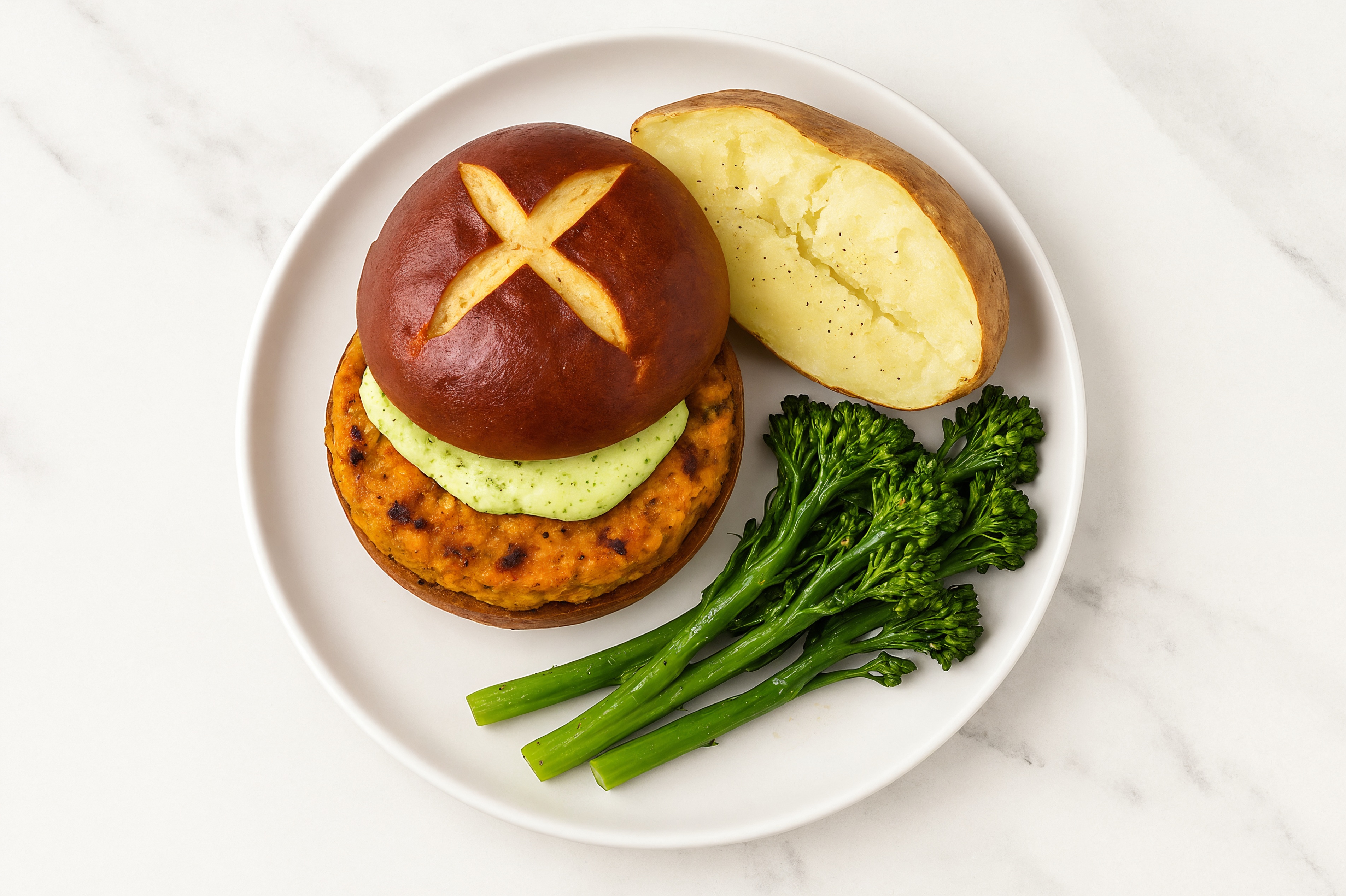 Pesto Sweet Potato Burger on Pretzel Bun with Baby Broccoli