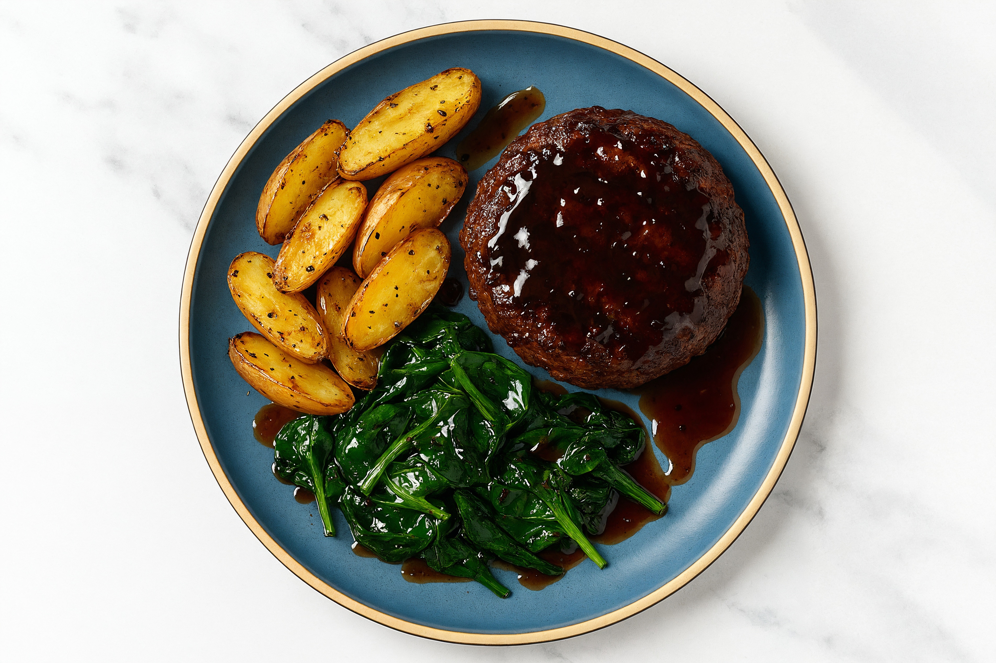 Teriyaki Brisket Burgers with Fingerling Potatoes + Baby Spinach