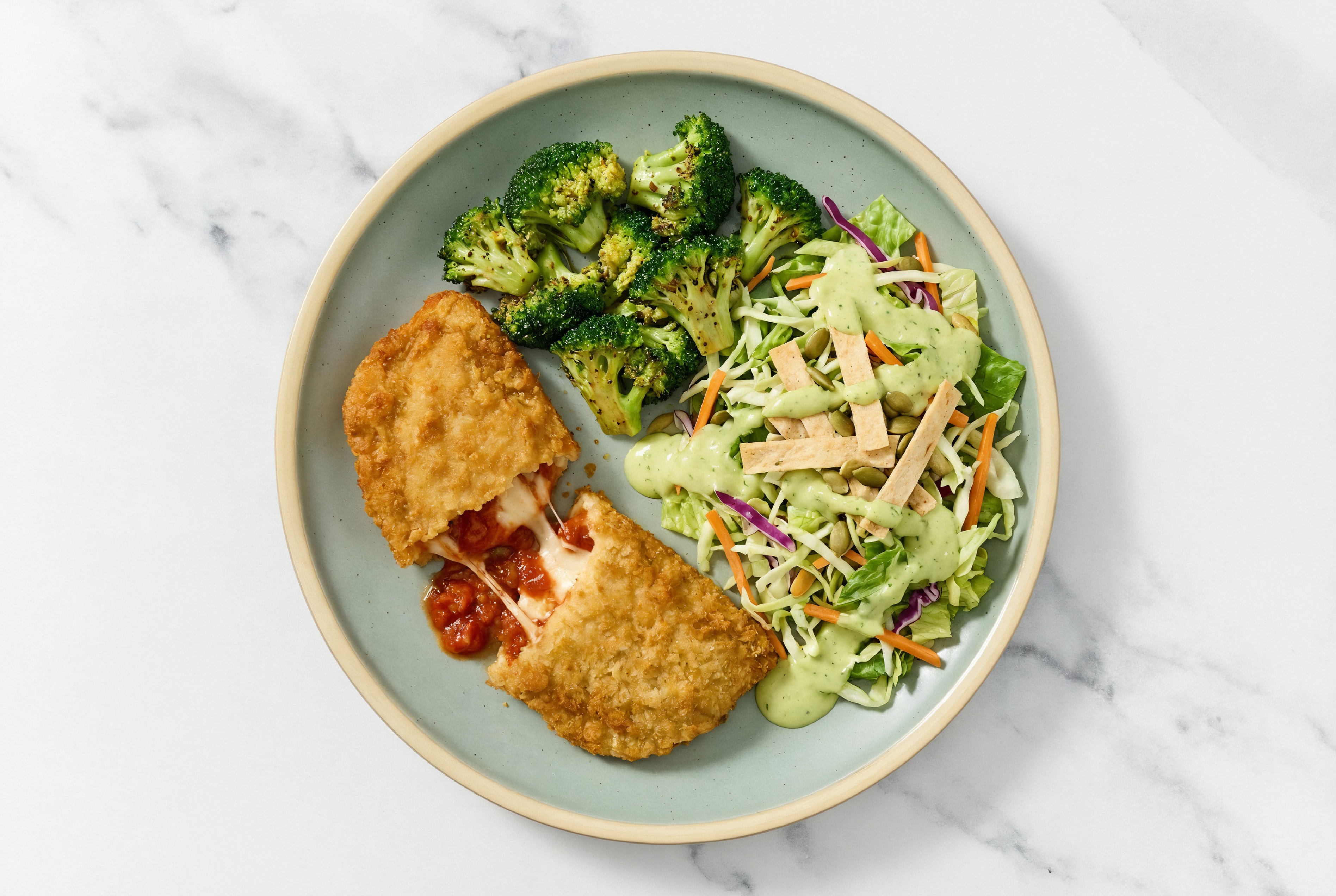 "Chicken" Parm with Broccoli & Goddess Salad