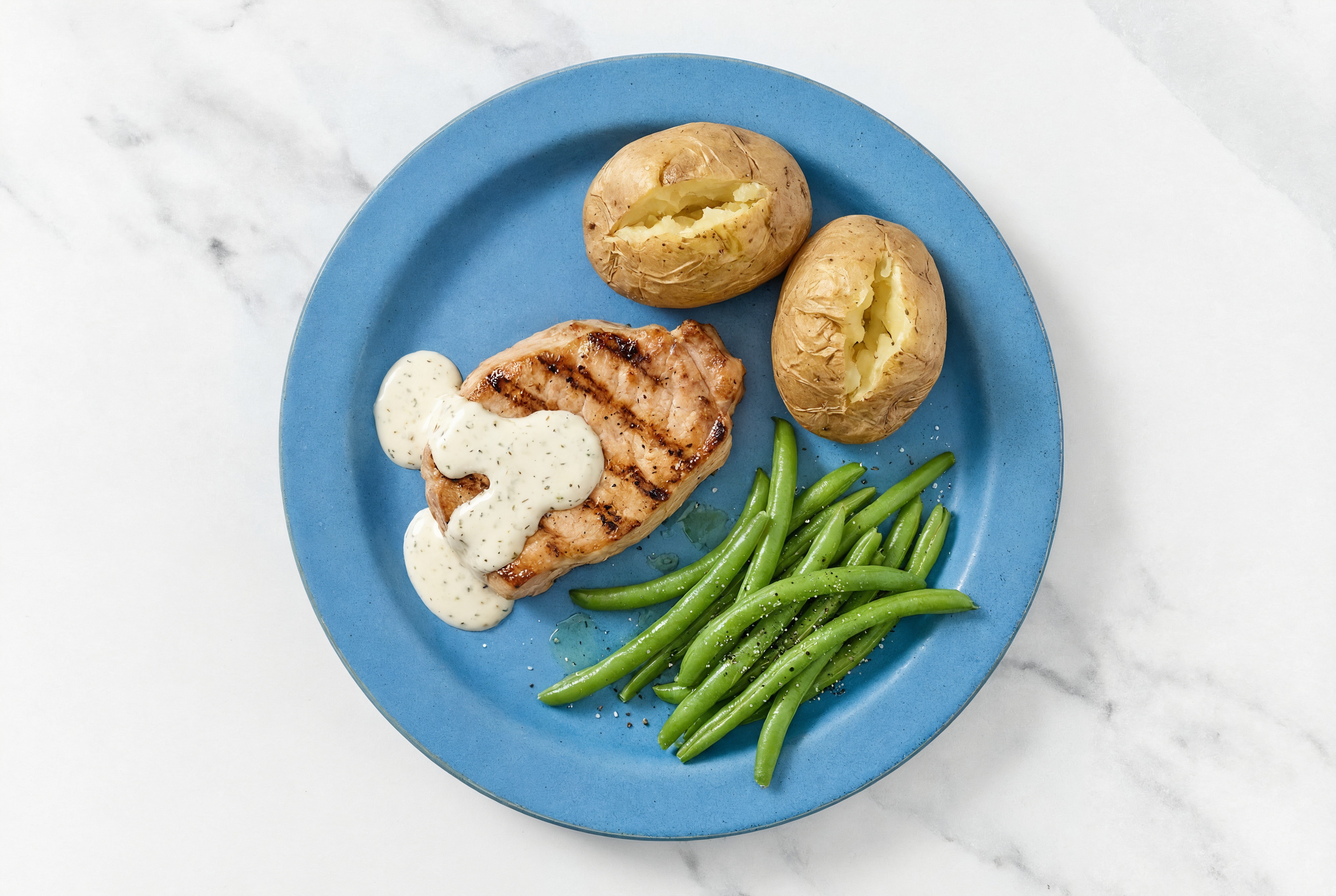 Herby Ranch-Seasoned Pork Loin with Green Beans + Vegan Ranch