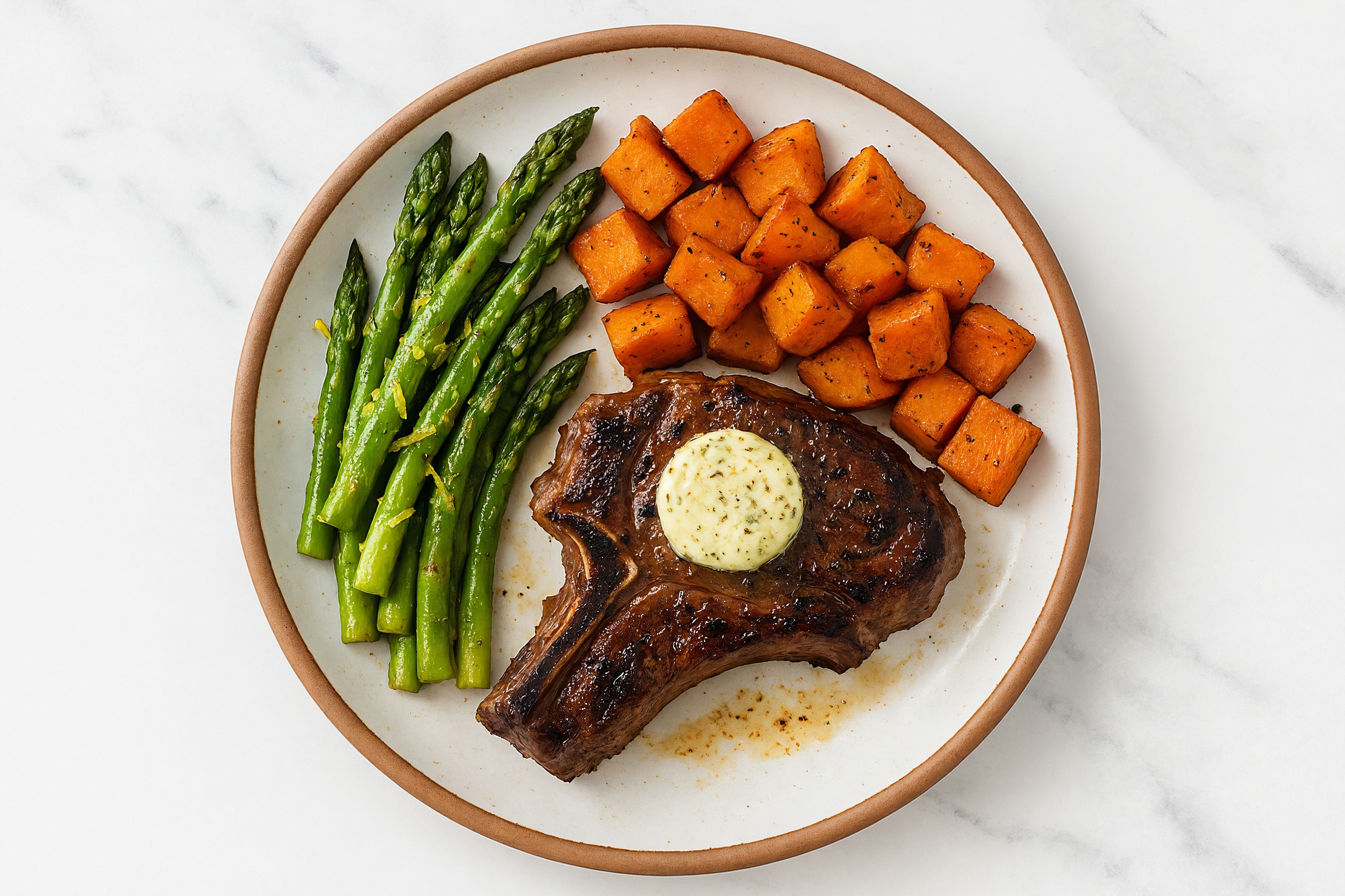 Lamb Chop + Sweet Potatoes with Lemony Asparagus