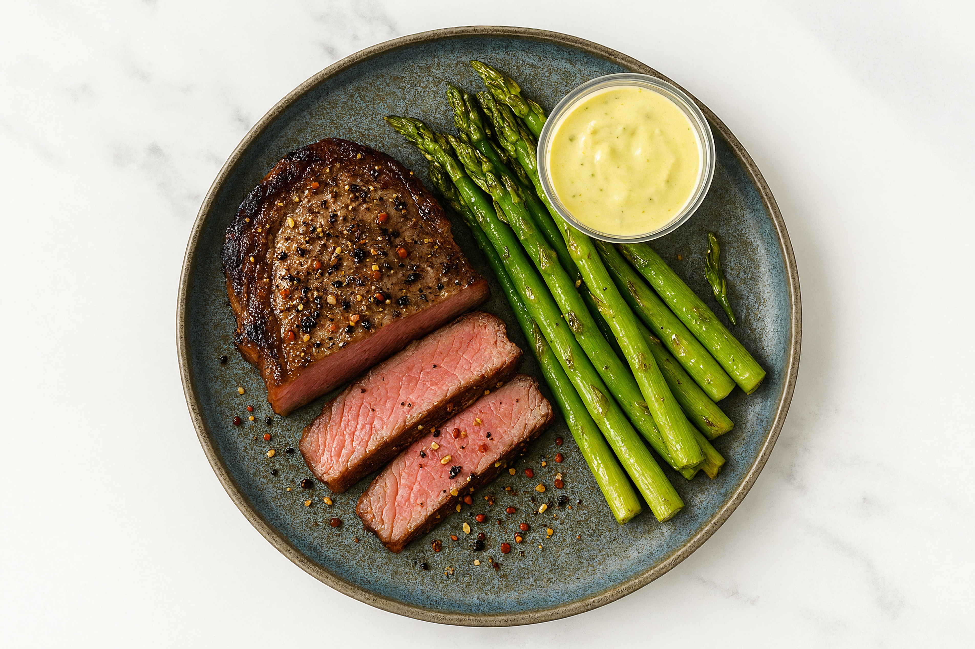 Peppery Steak + Sautéed Asparagus with Dollop of Honey Mustard Garlic Sauce