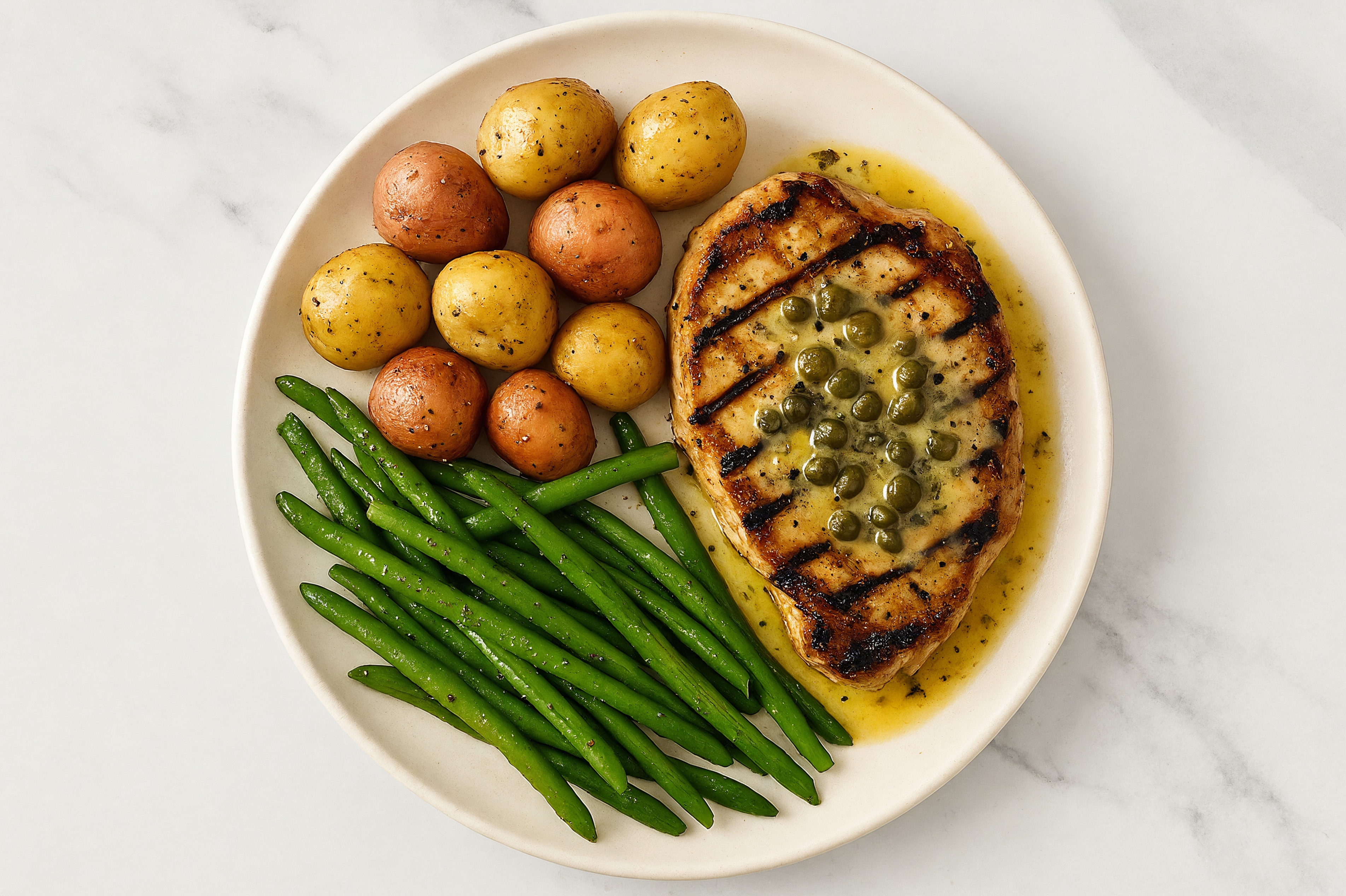 Caper-Butter Pork Chops with Creamer Potatoes & Green Beans