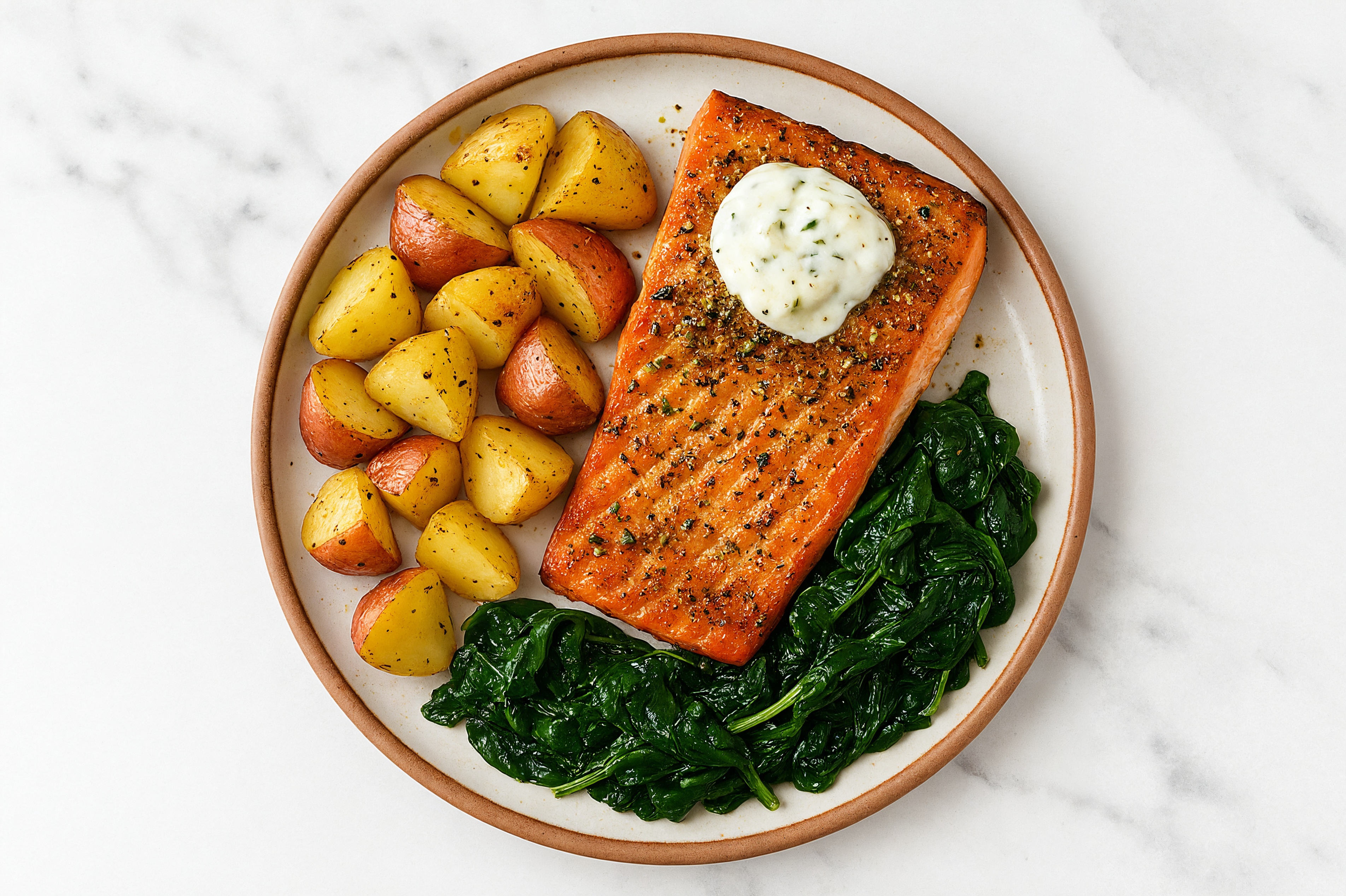  Tzatziki Honey Herb Wild Salmon + Potatoes with Baby Spinach