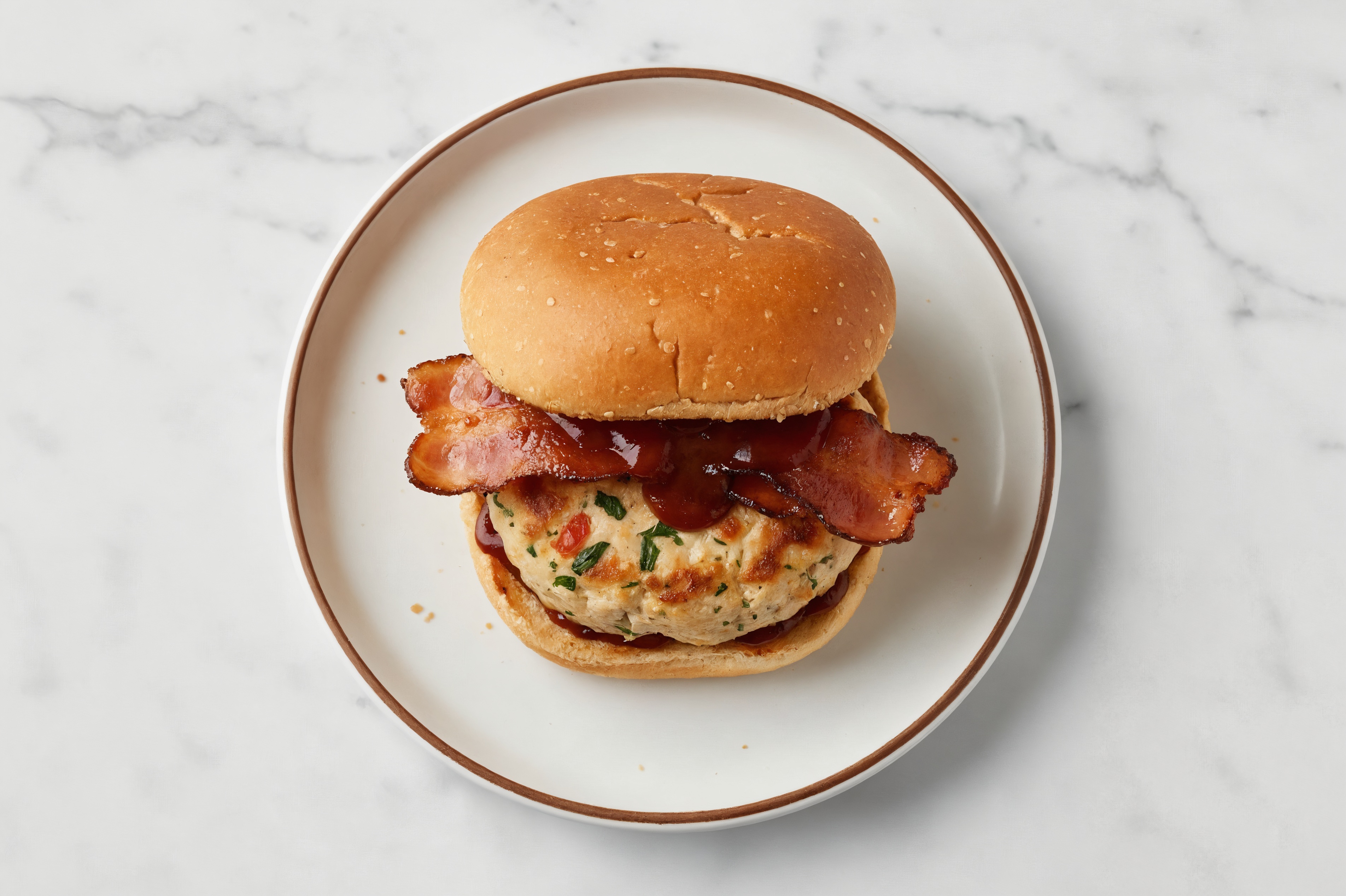 Garlic Chicken Burger on Sprouted Grain with BBQ & Turkey Bacon with Original BBQ