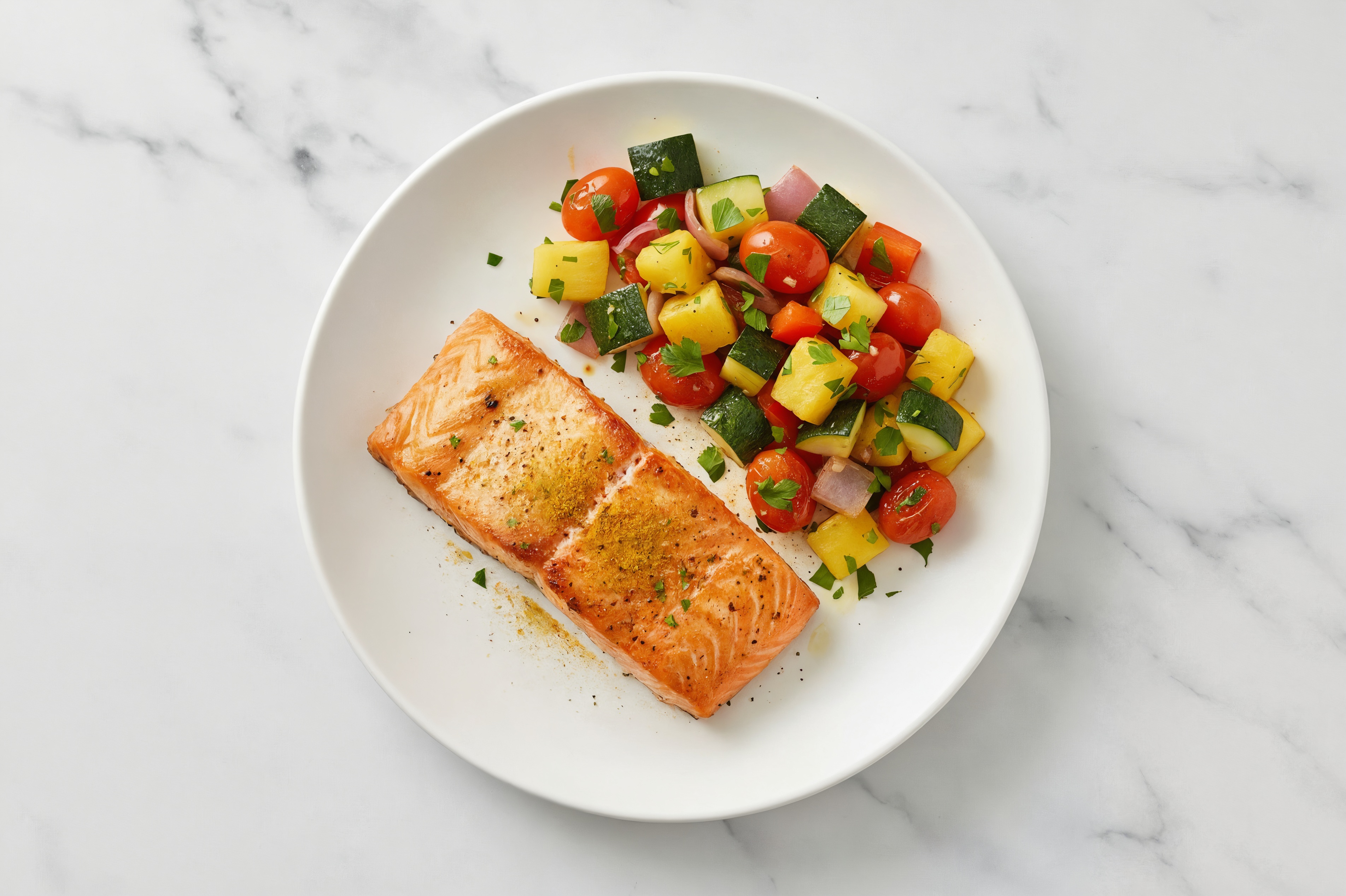 Curry Sockeye Salmon + Squash Medley