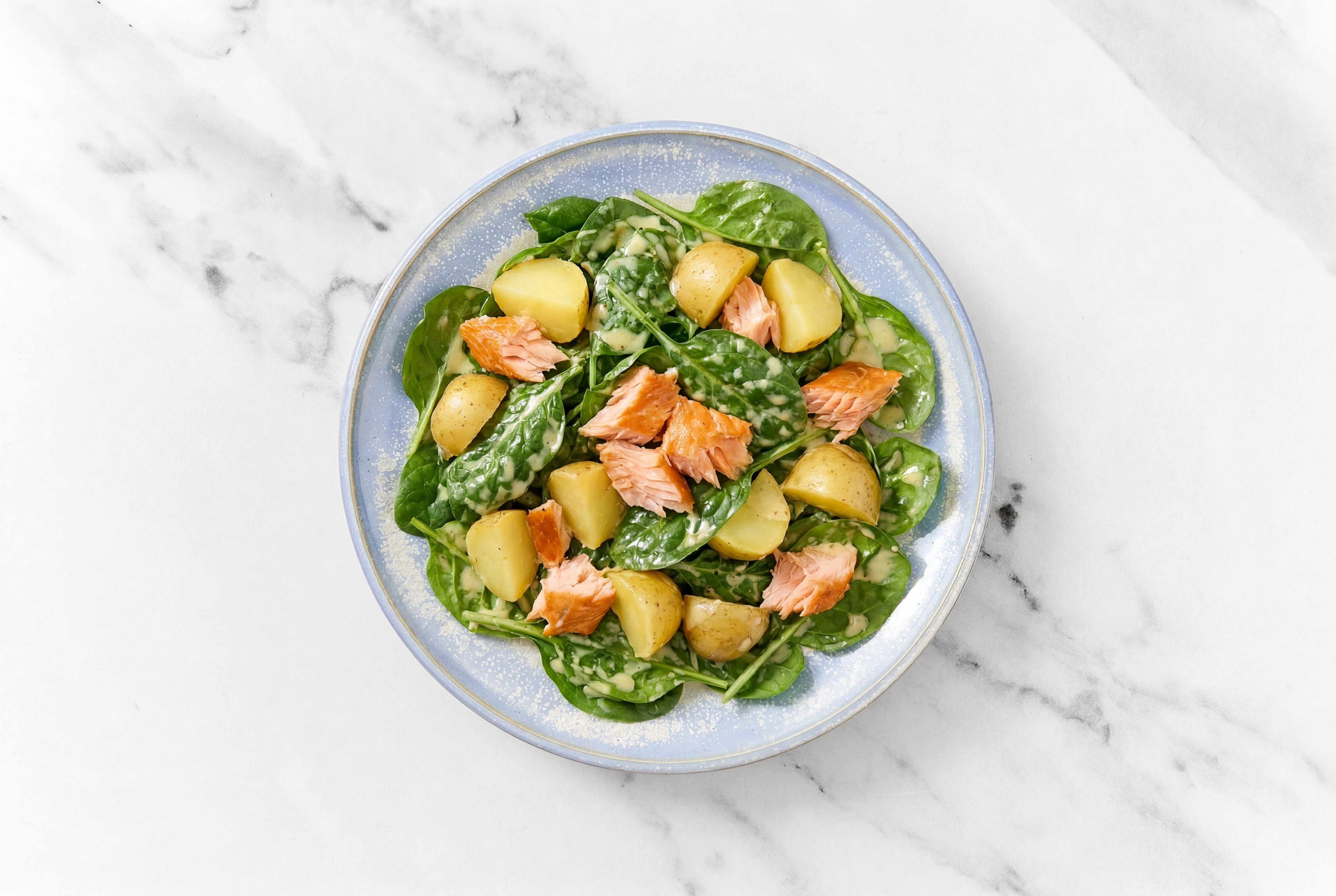 Savory Spicy Salmon + Potato Salad with Baby Spinach