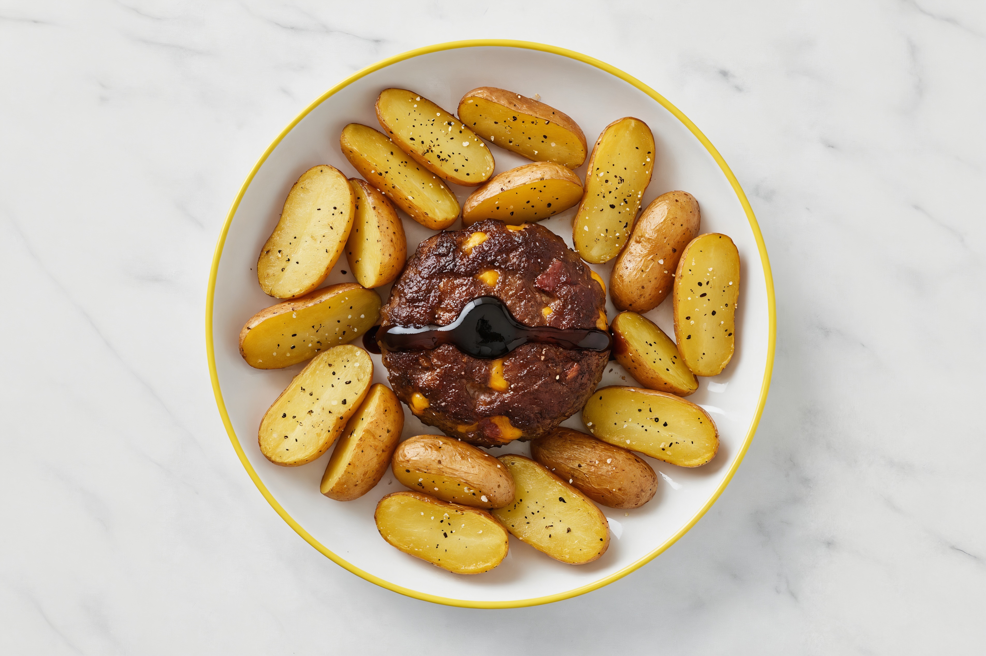 Japanese BBQ Beef + Bacon Patties with Fingerling Potatoes