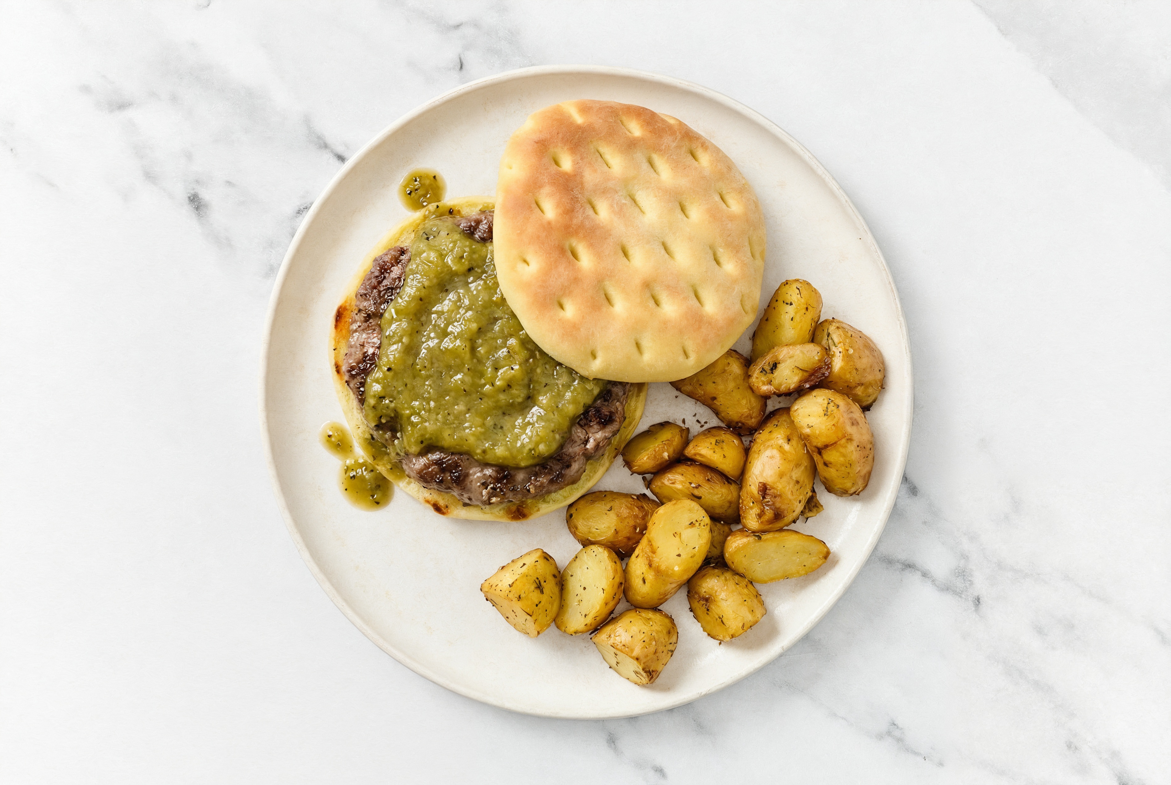 Herby Green Chile Wagyu Beef Burger + Rosemary Potatoes