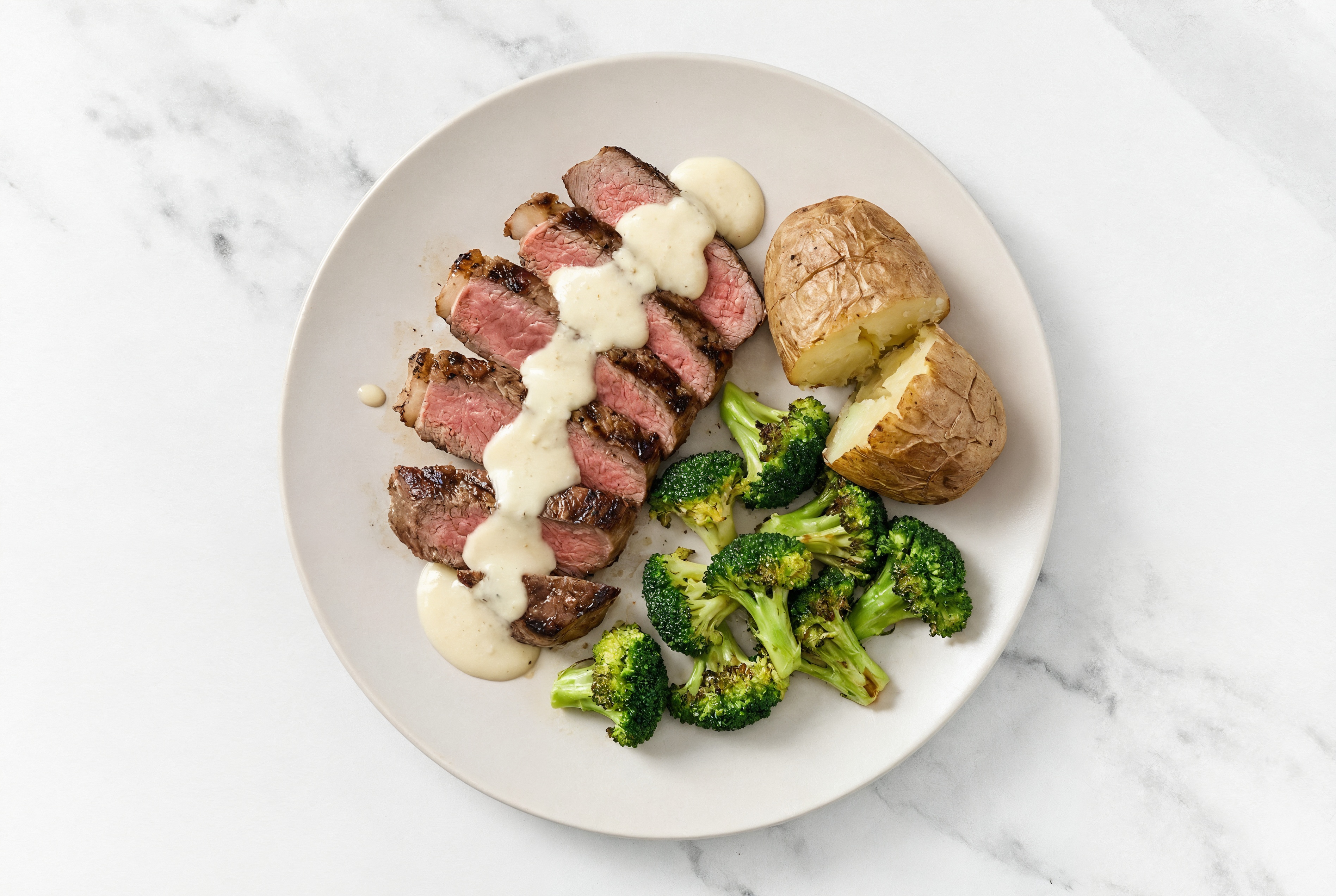 New York Strip with Garlic Sauce + Organic Broccoli
