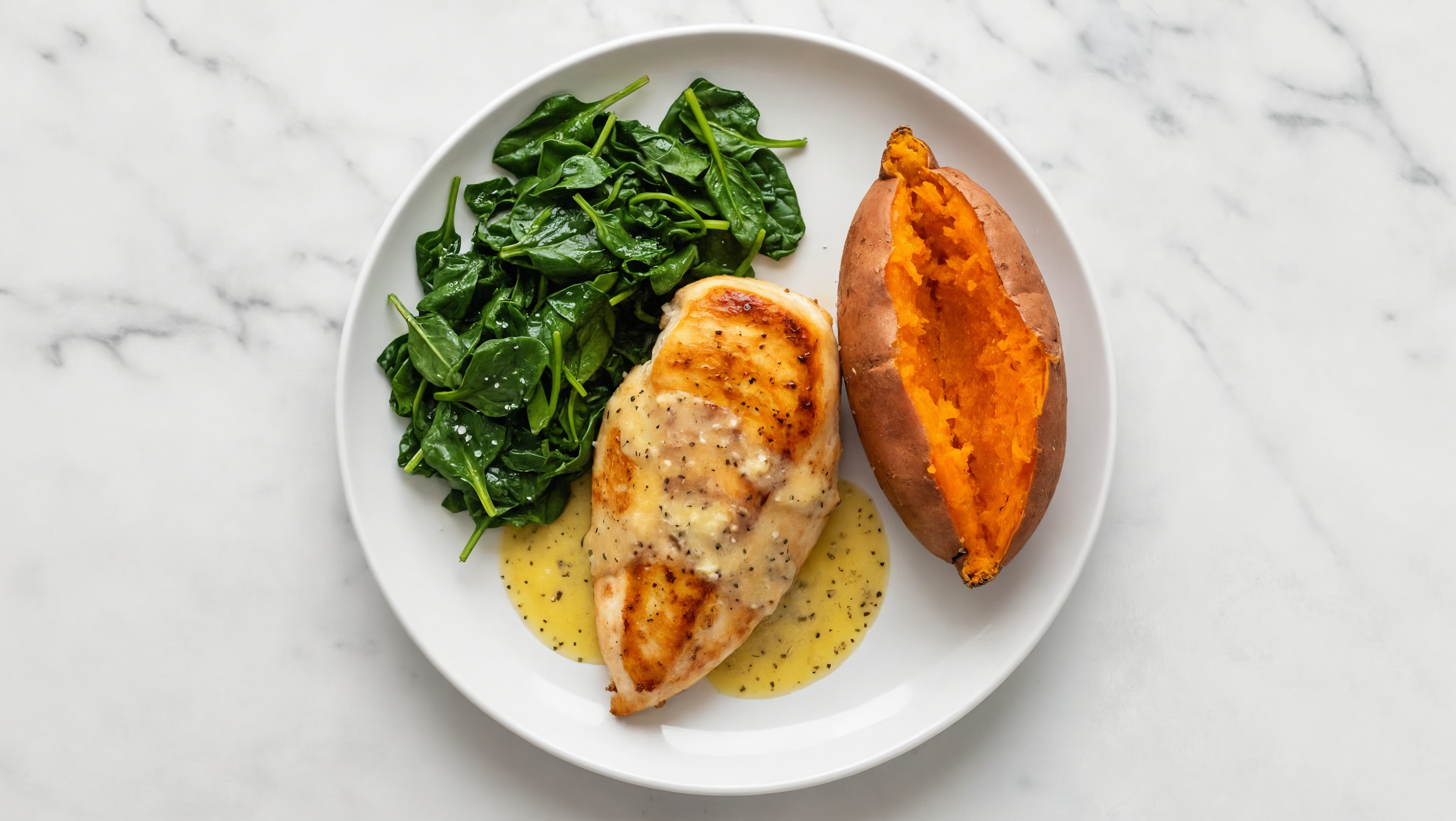 Lemon-Slow Churned & Peppercorn Pasture Butter Chicken Breast with Sweet Potato & Spinach