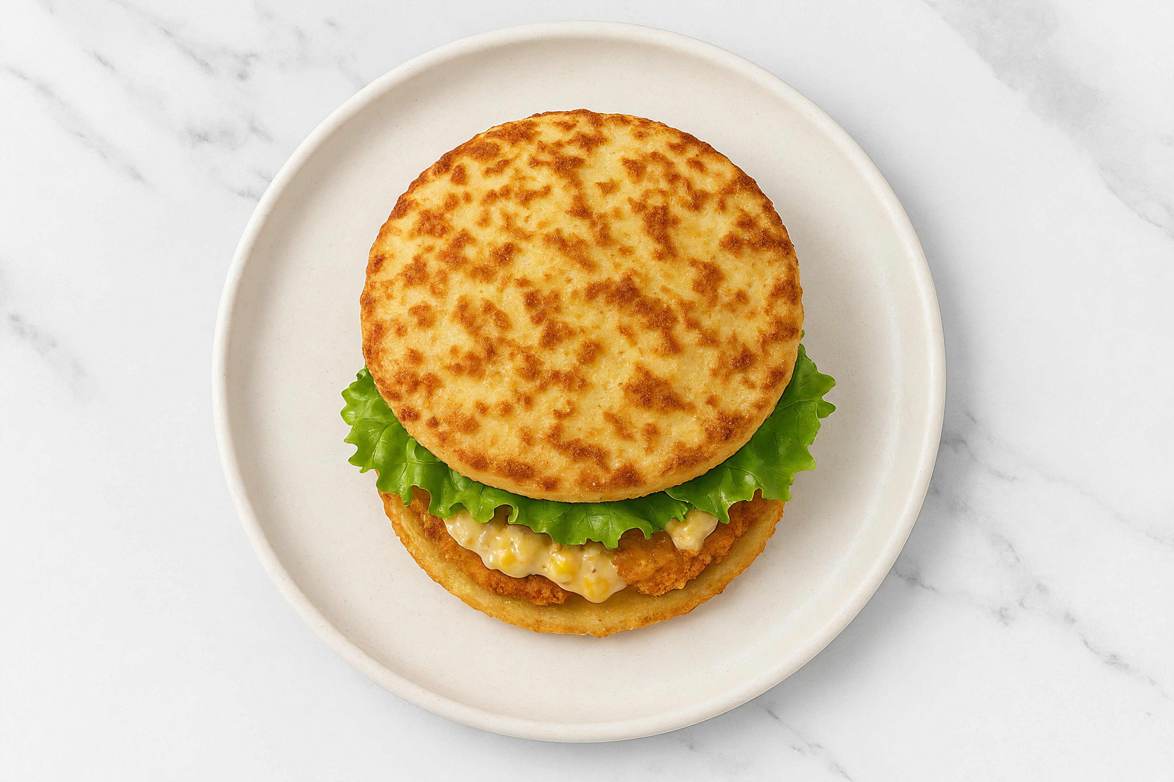 Street Corn "Chicken" Tenders Sandwich with Green Leaf Lettuce on Cauliflower Rounds