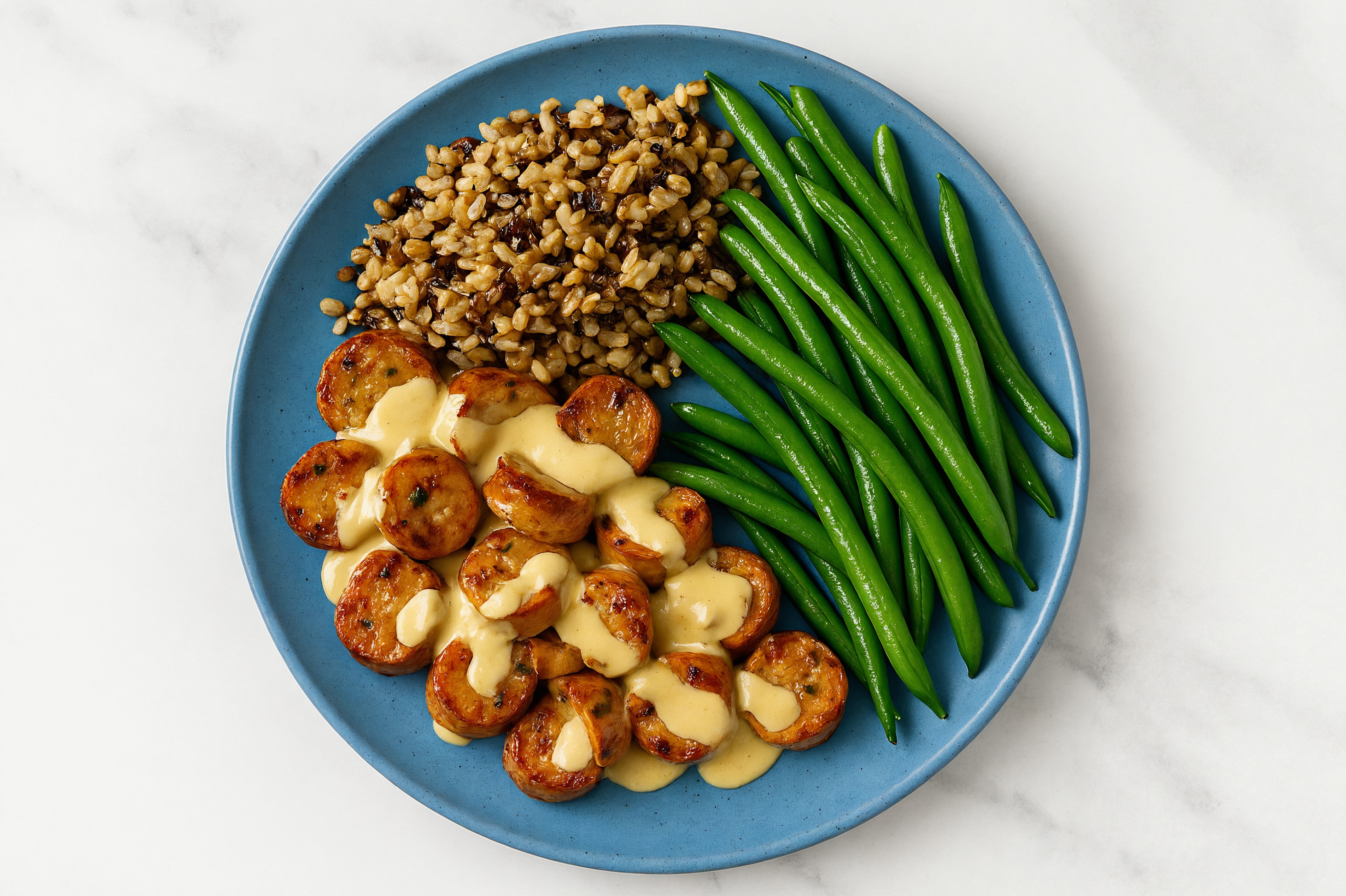 Creamy Garlic Italian Sausage + Green Bean Grain Bowl