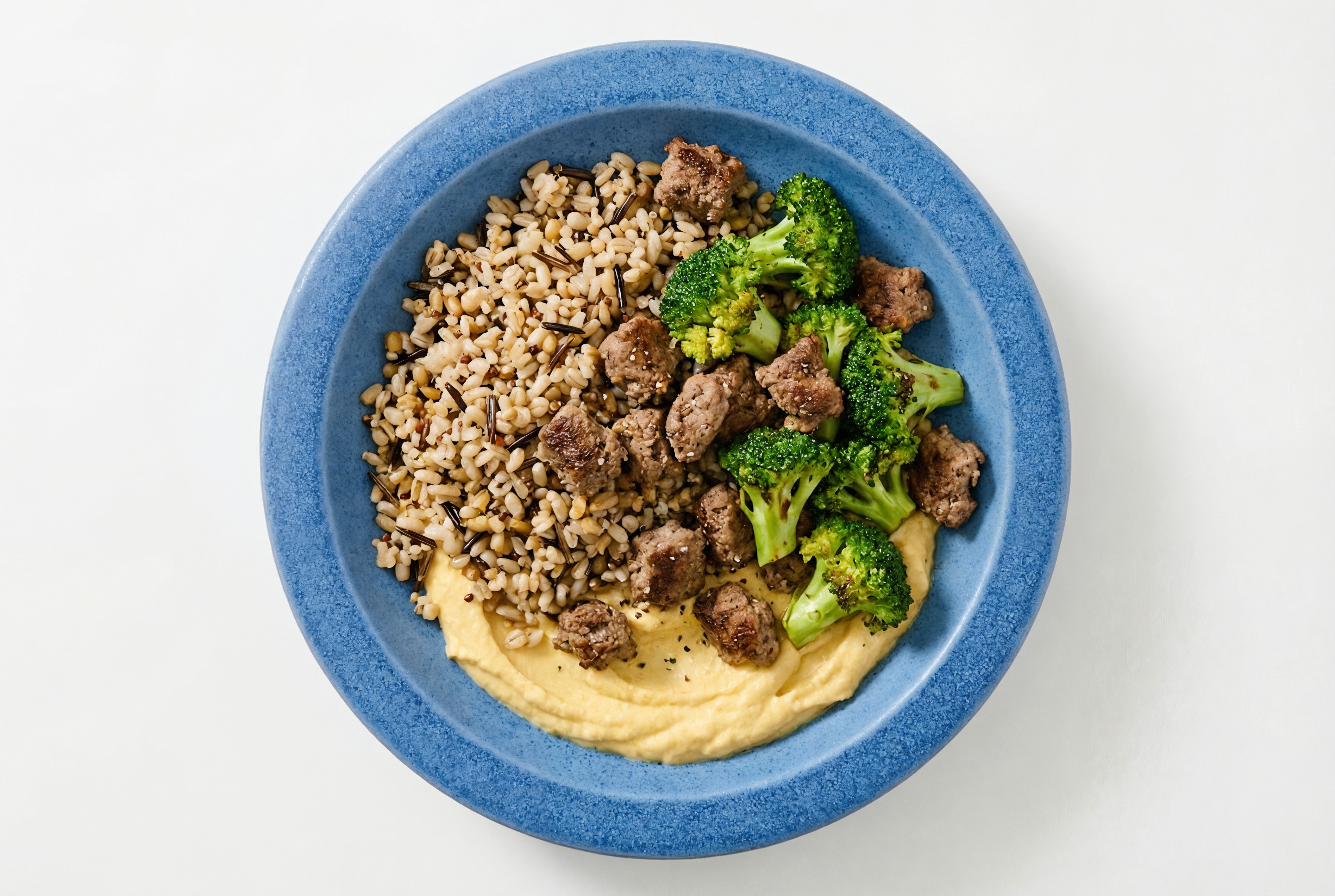 Ground Lamb & Broccoli Grain Bowl with Onion Hummus