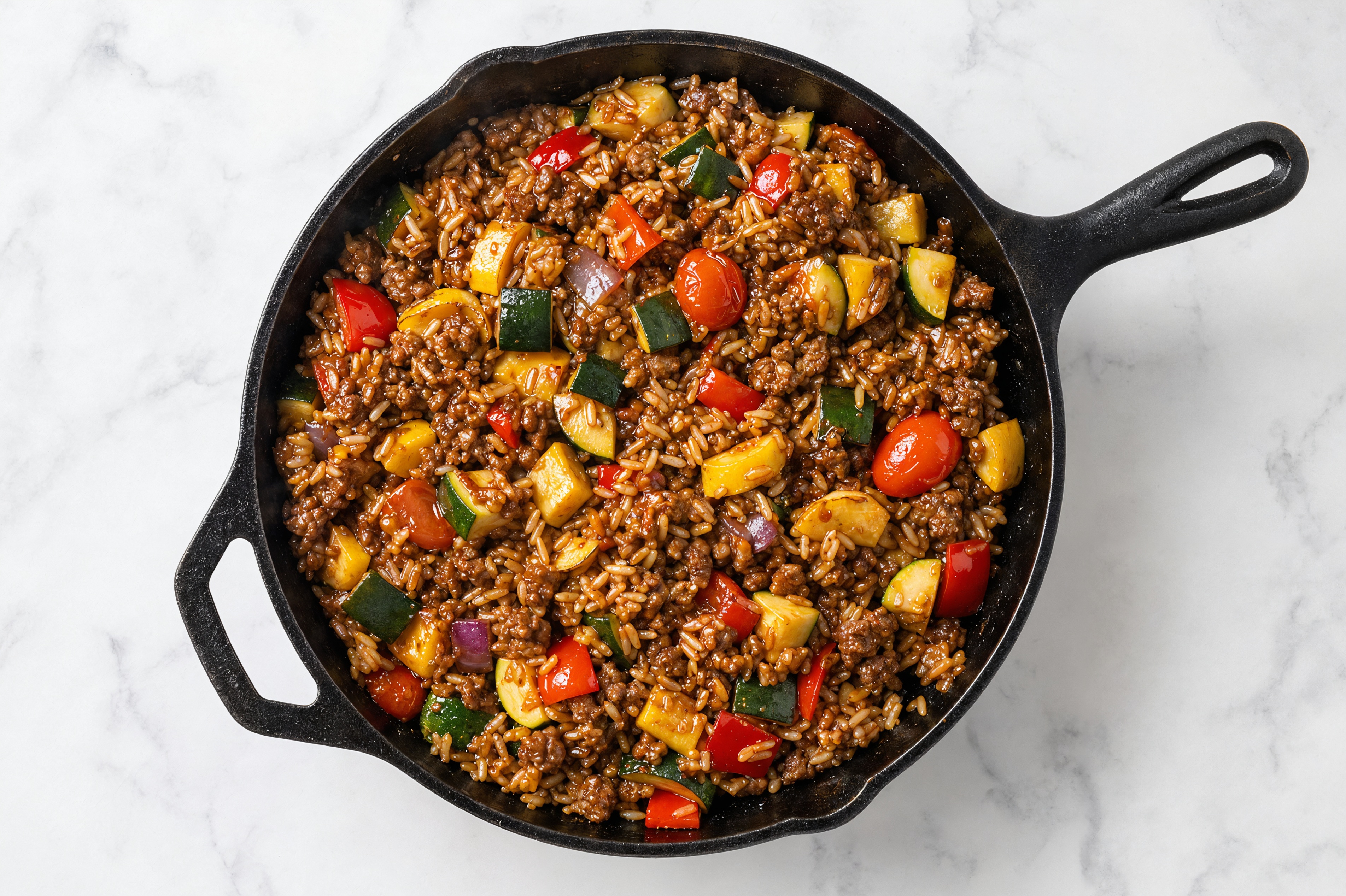 Teriyaki Squash + Ground 93/7 Lean Beef Stir-Fry