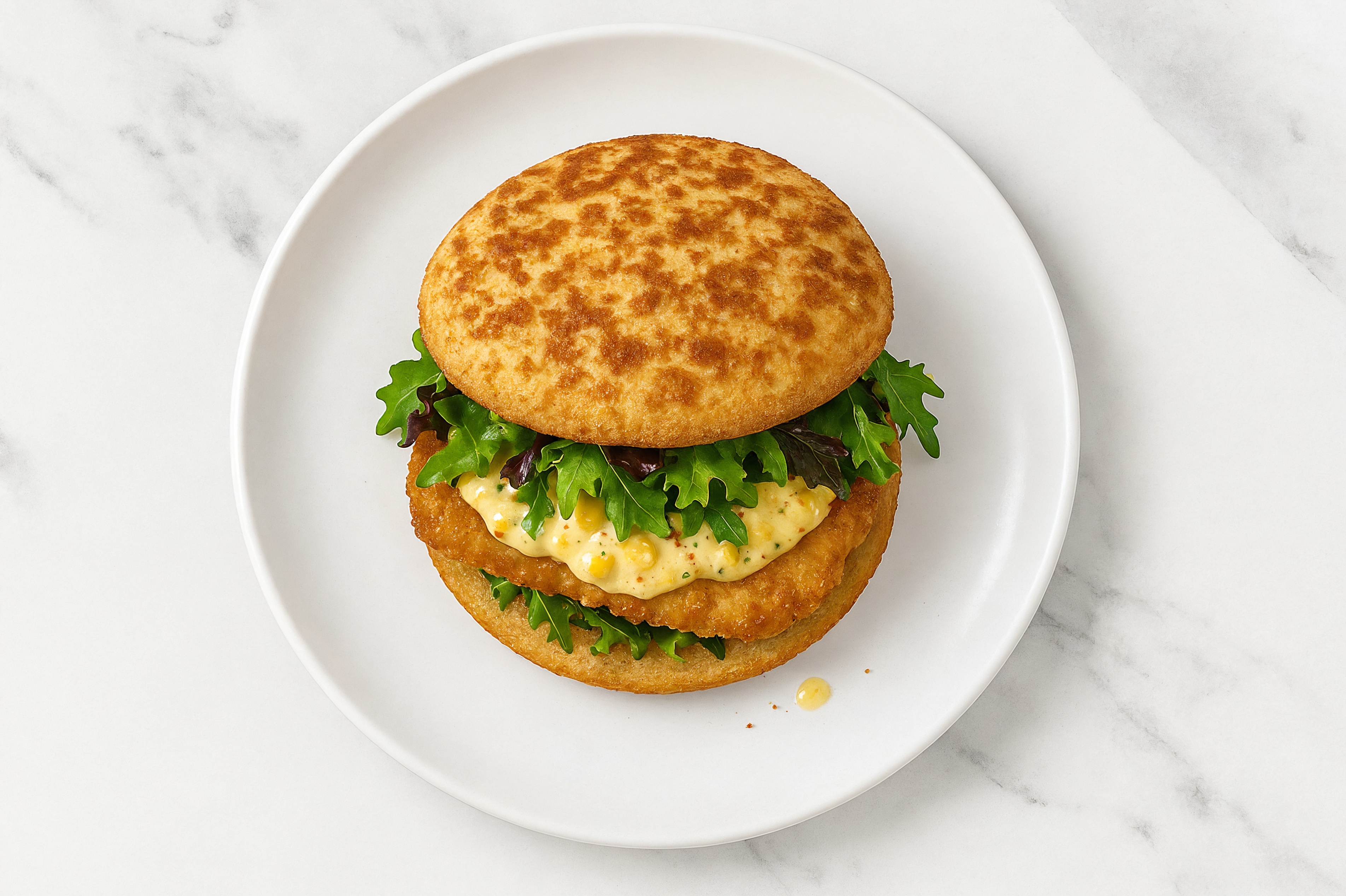 Street Corn "Chicken" Tenders Sandwich with Spring Mix on Cauliflower Rounds