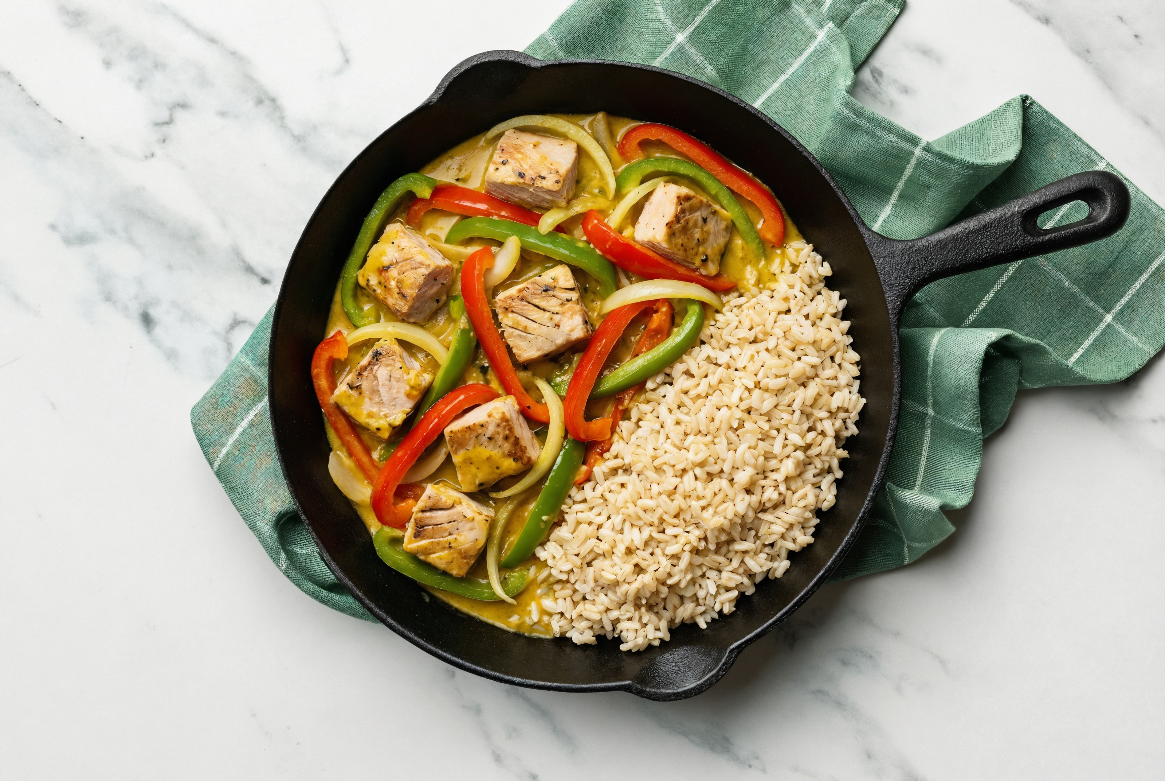 Coconut Curry Albacore Tuna Stir-Fry with Bell Peppers over Brown Rice
