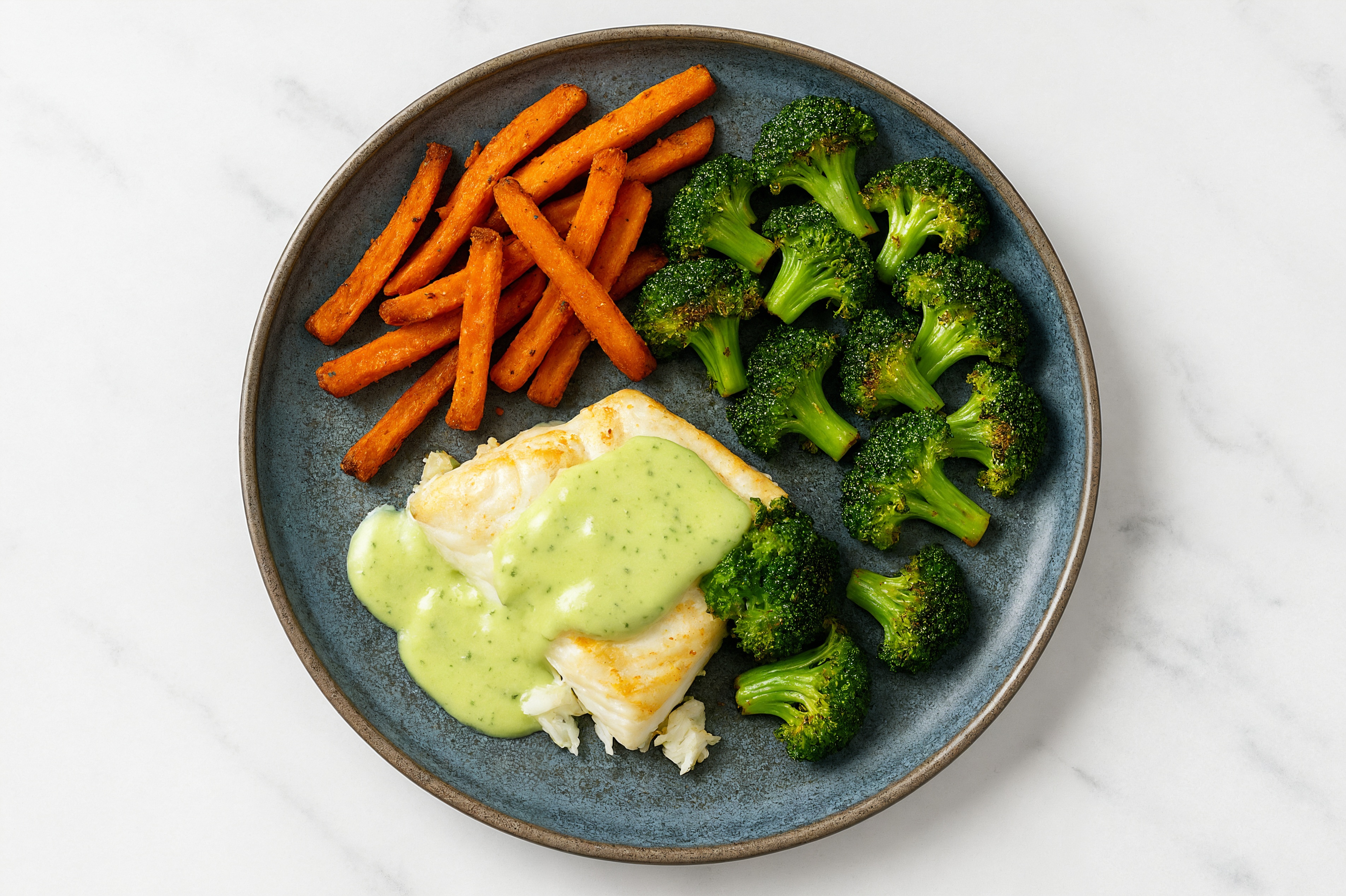 Green Goddess Halibut with Broccoli + Fries