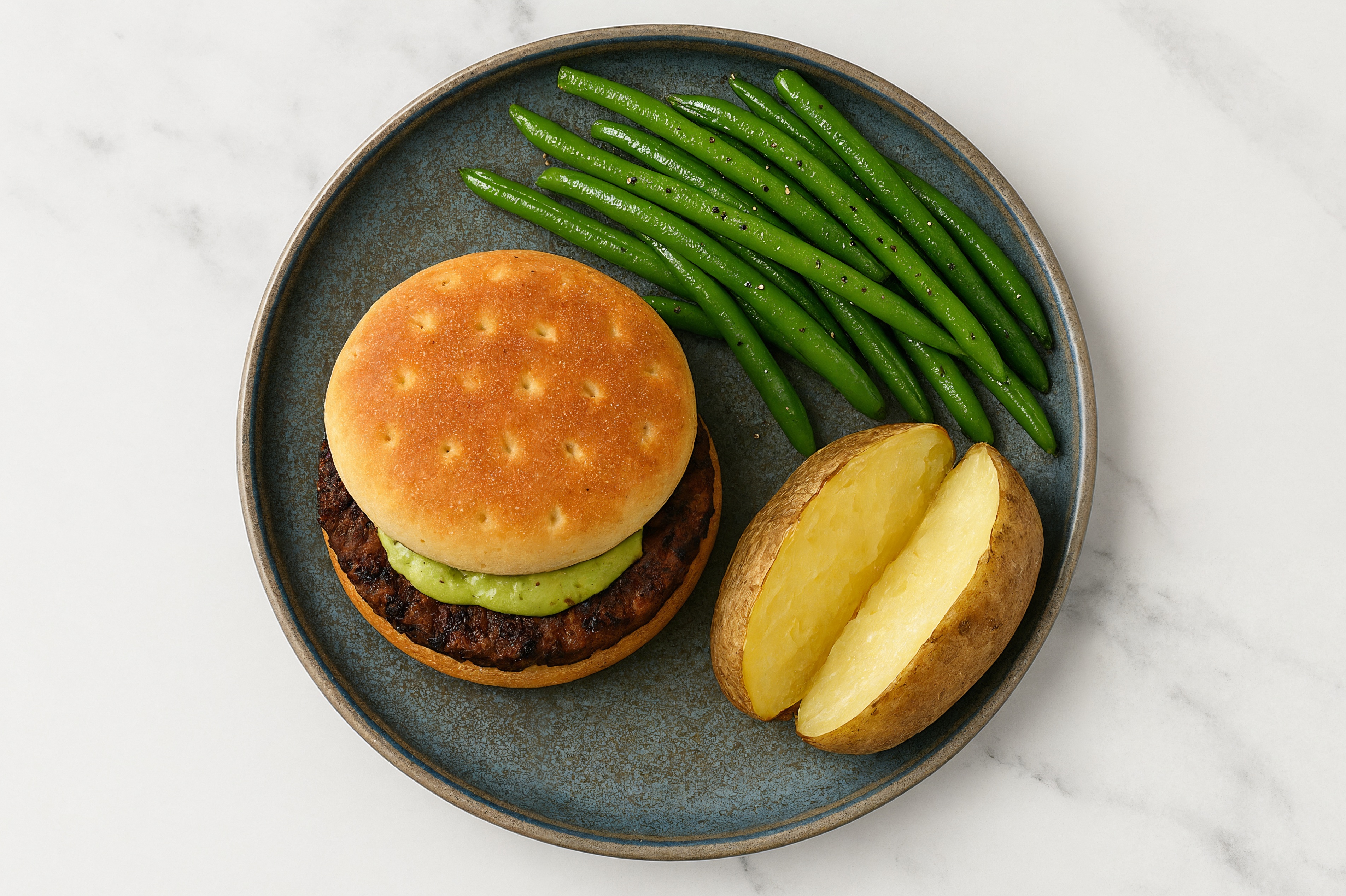 Pesto Black Bean Burger on Brioche with Green Beans