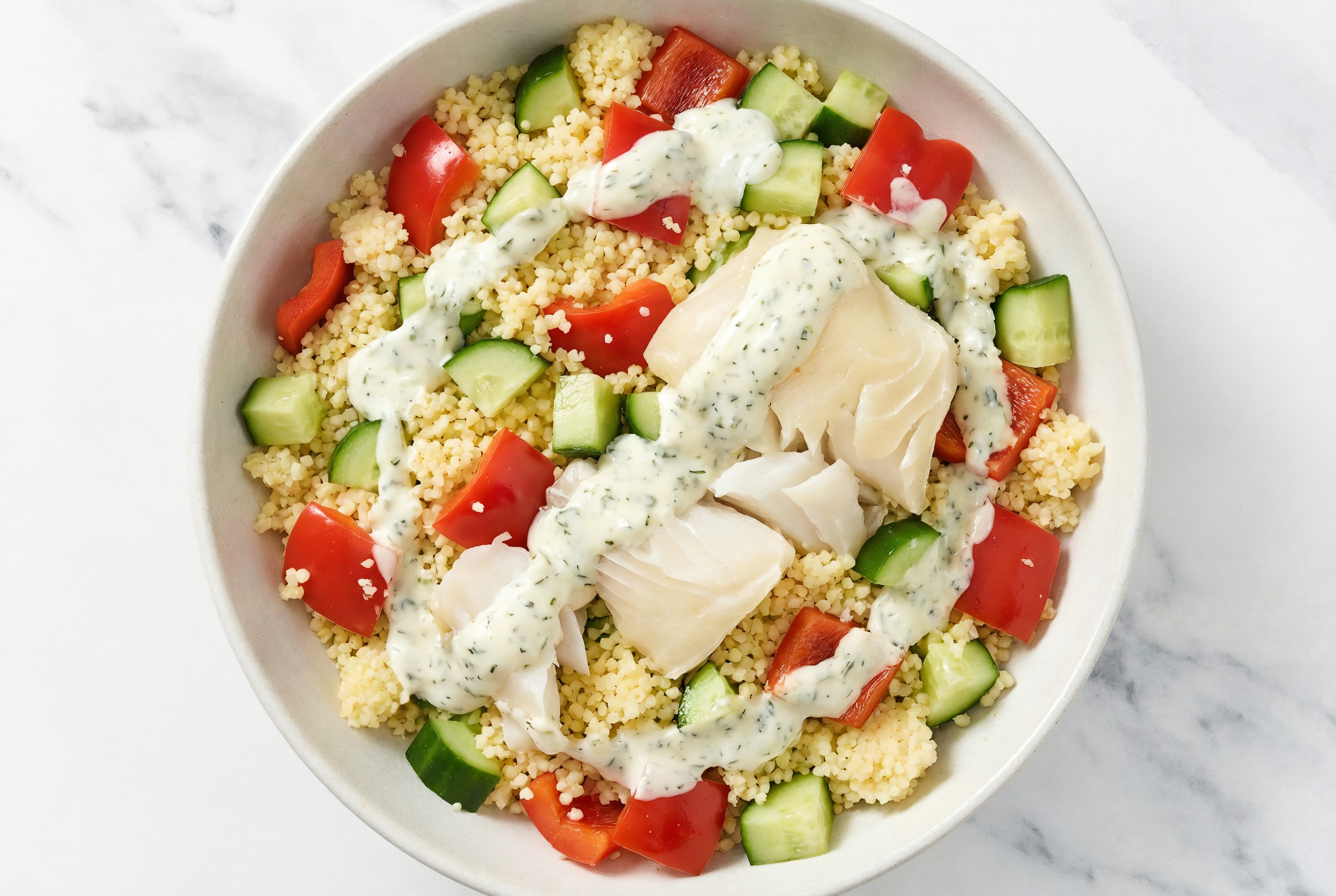 Seared Halibut Steak + Tzatziki Veggie Bliss Bowl with Red Bell Pepper