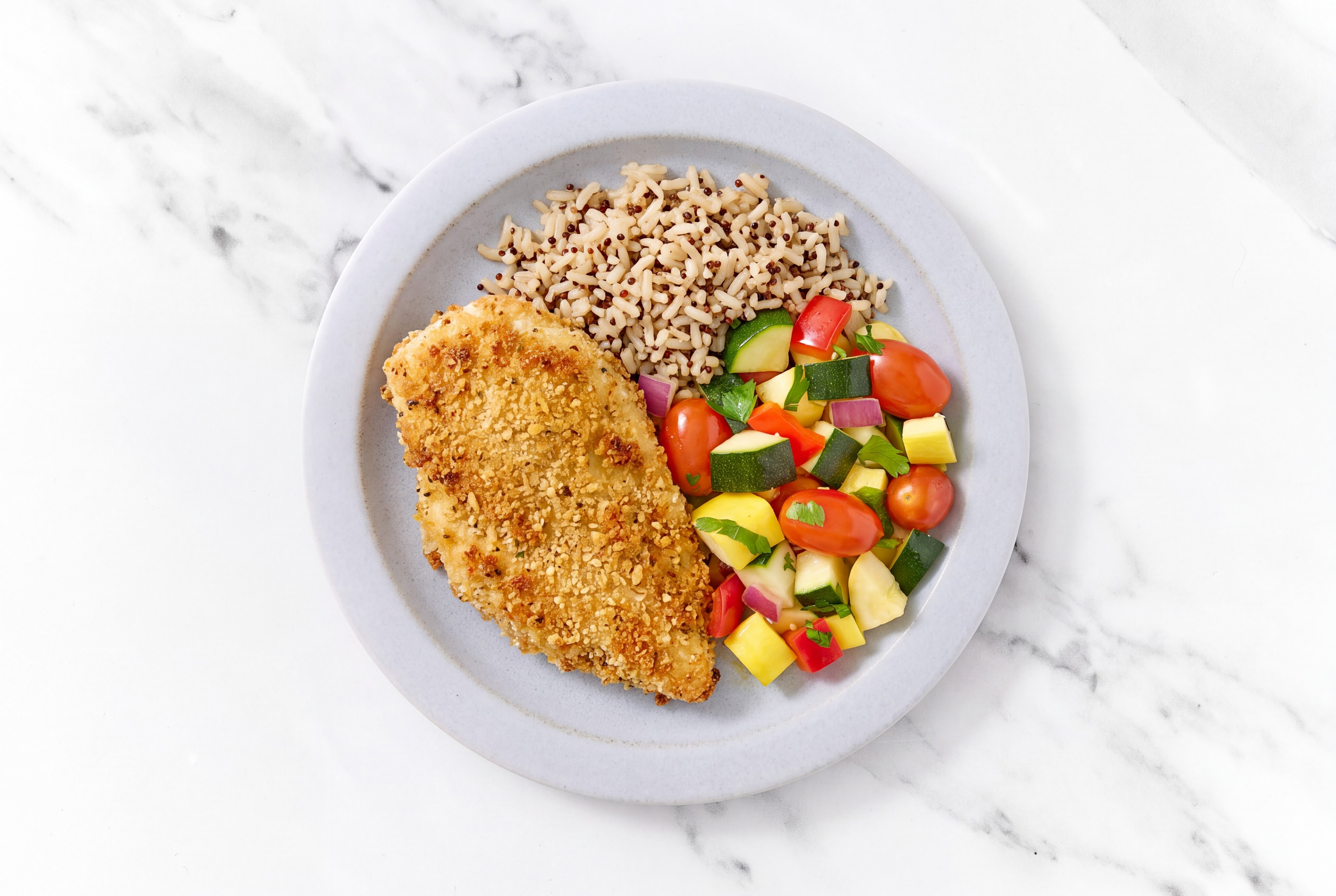 Parmesan Breaded Chicken Cutlet with Squash Skillet & Brown Rice