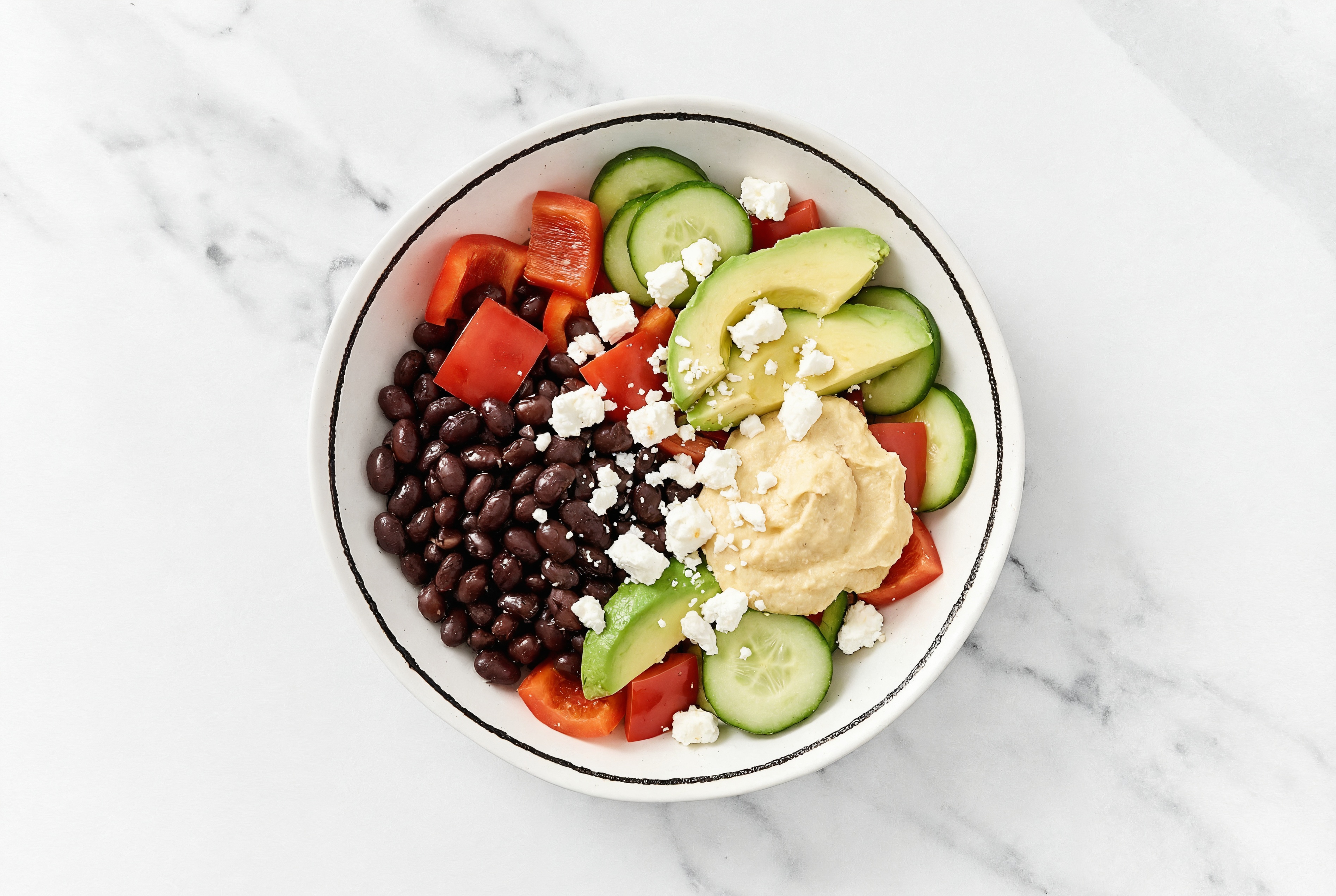 Black Bean, Feta + Hummus Veg Bowl with Red Bell Pepper