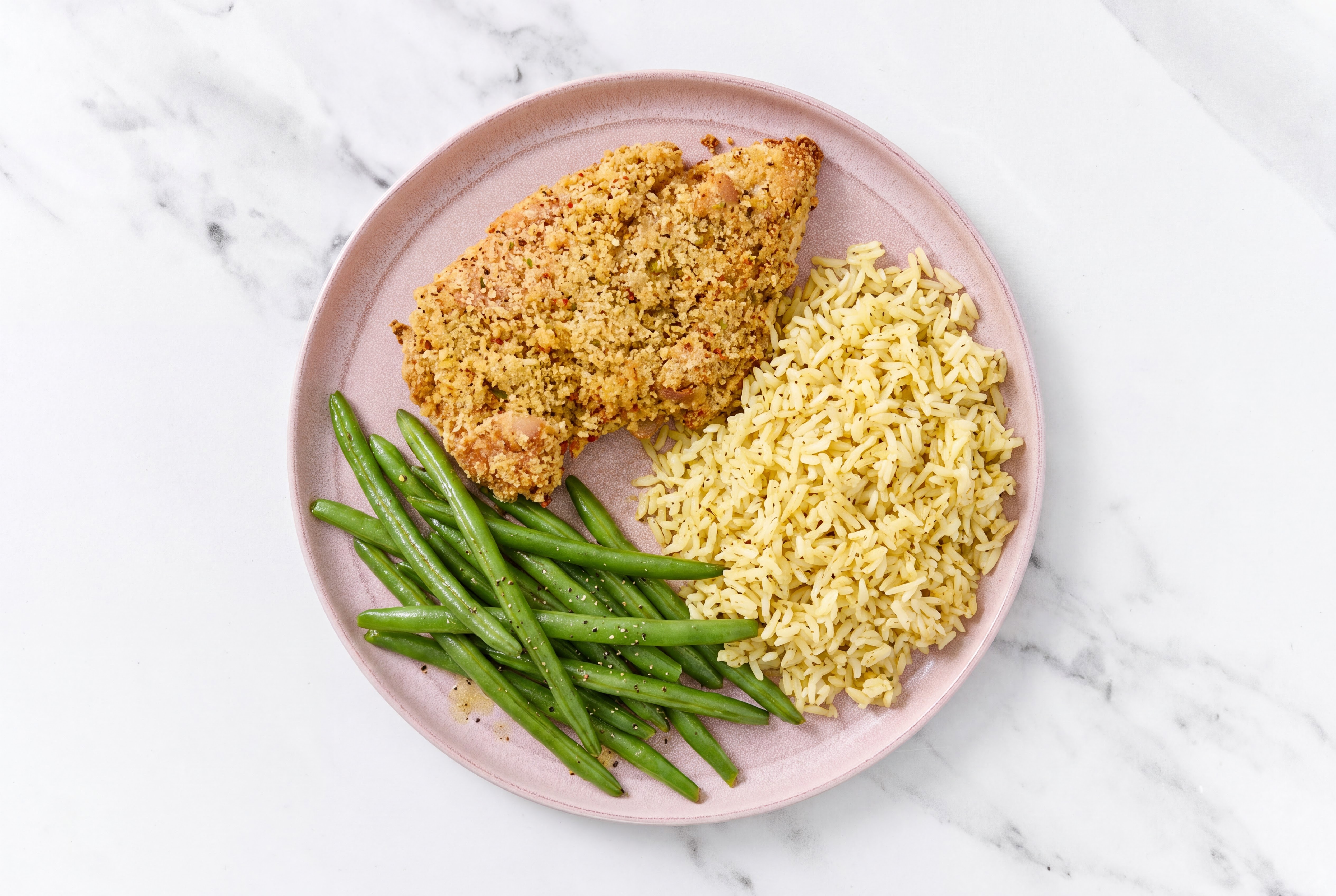 Parmesan Breaded Chicken Cutlet with Green Beans & Jasmine Rice