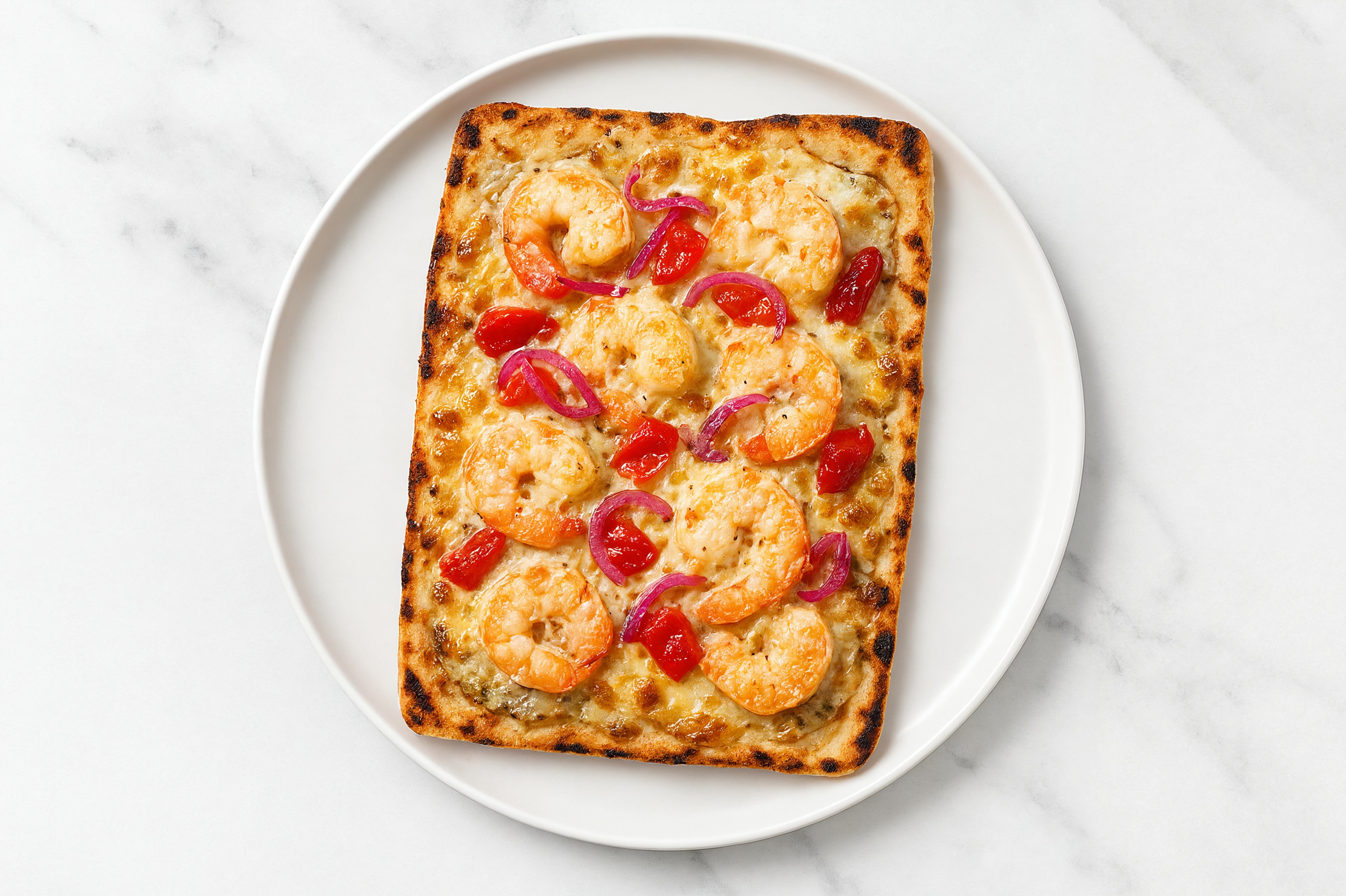 Truffle Gulf Shrimp + Roasted Bell Pepper Pizza with Pickled Onion with Grated Parmesan Cheese