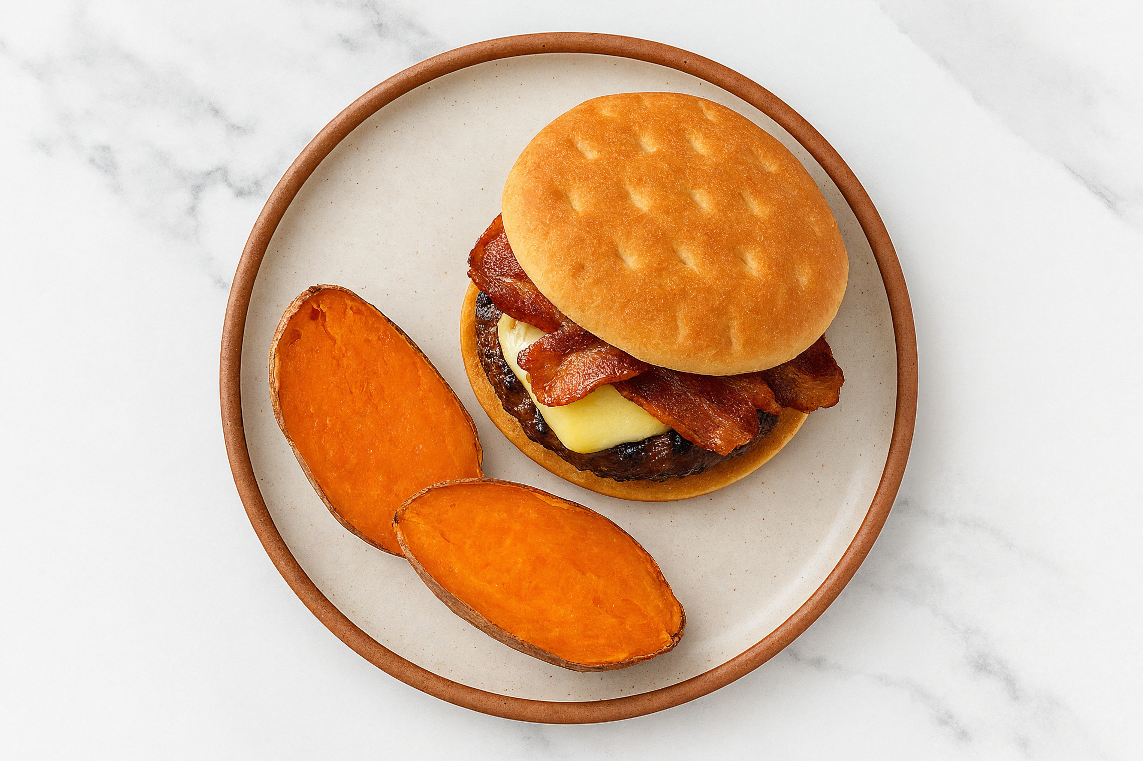 Applewood Smoked Pork Bacon Cheeseburger with Baked Sweet Potato