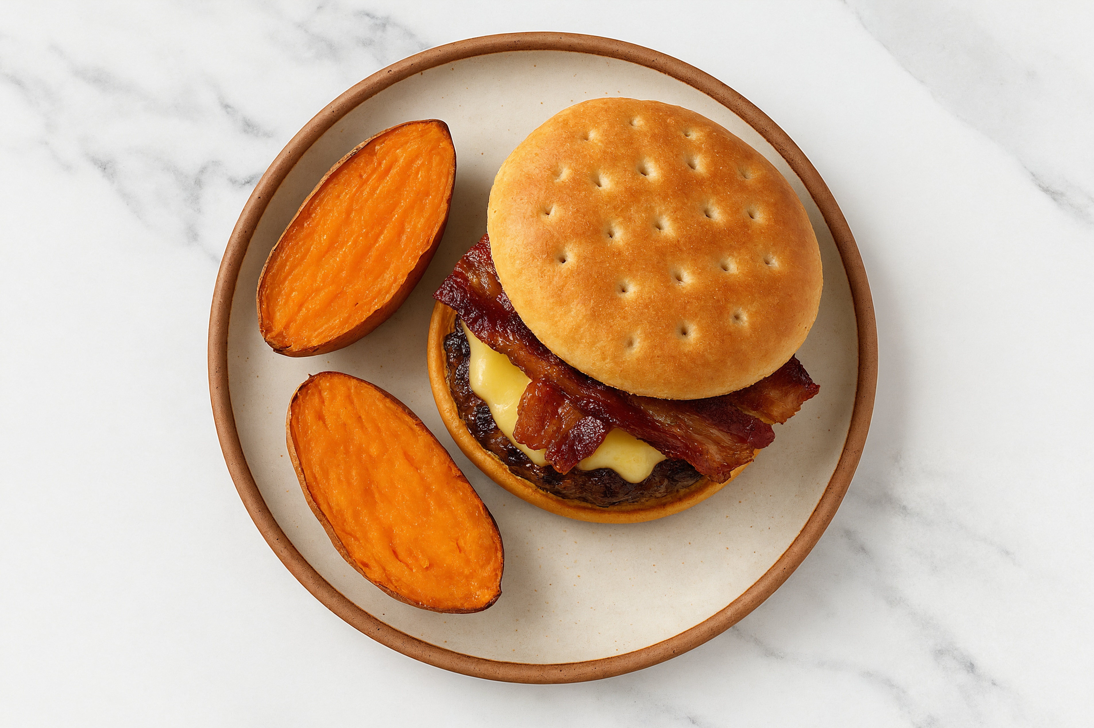 Maple Bacon Cheeseburger with Baked Sweet Potato with Ground Beef Patties