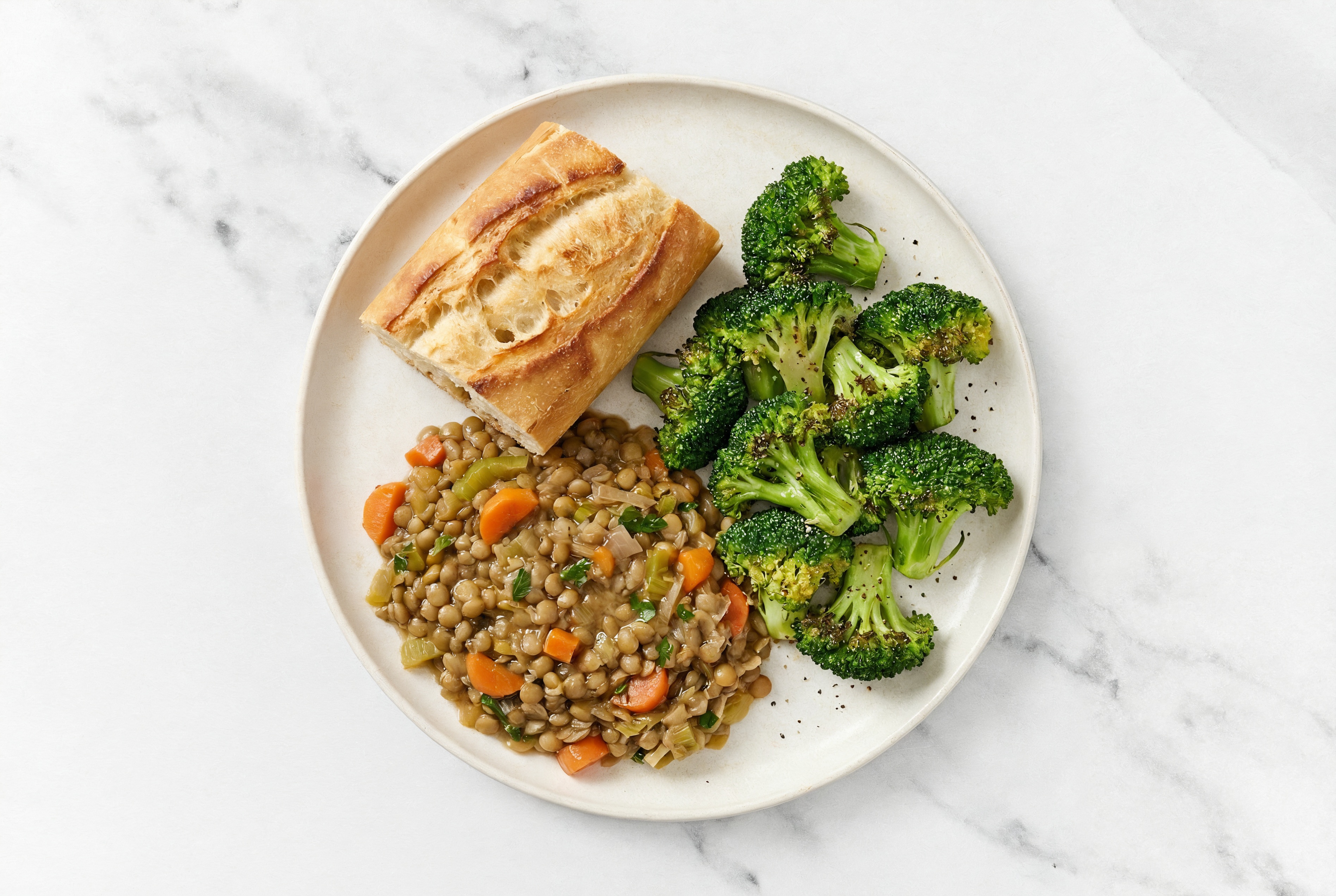 French Mirepoix Lentils with Broccoli + Baguette