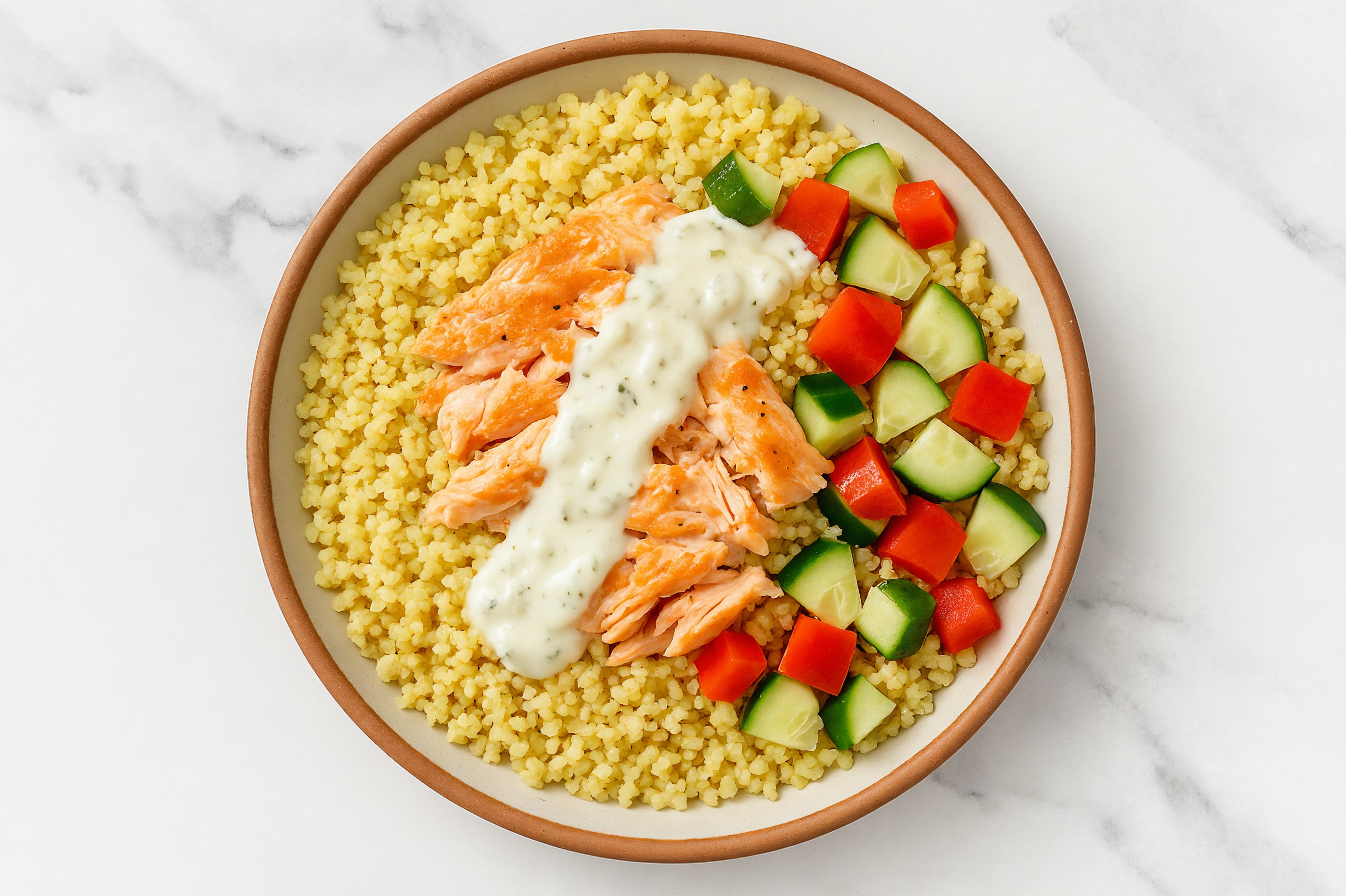 Seared Salmon + Tzatziki Veggie Bliss Bowl with Red Bell Pepper