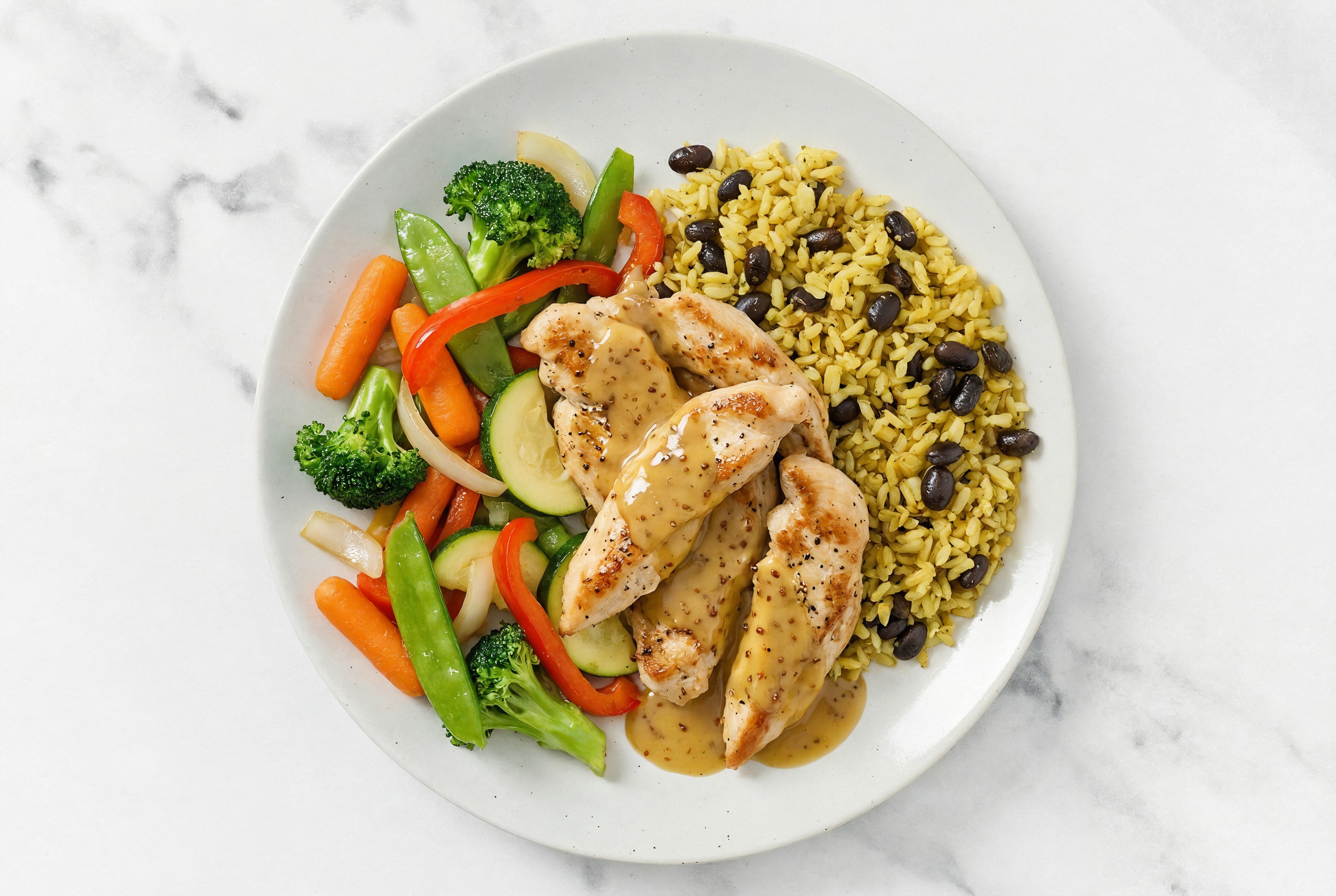 Go-To Honey Mustard Chicken Stir Fry with Seasoned White Rice + Black Beans