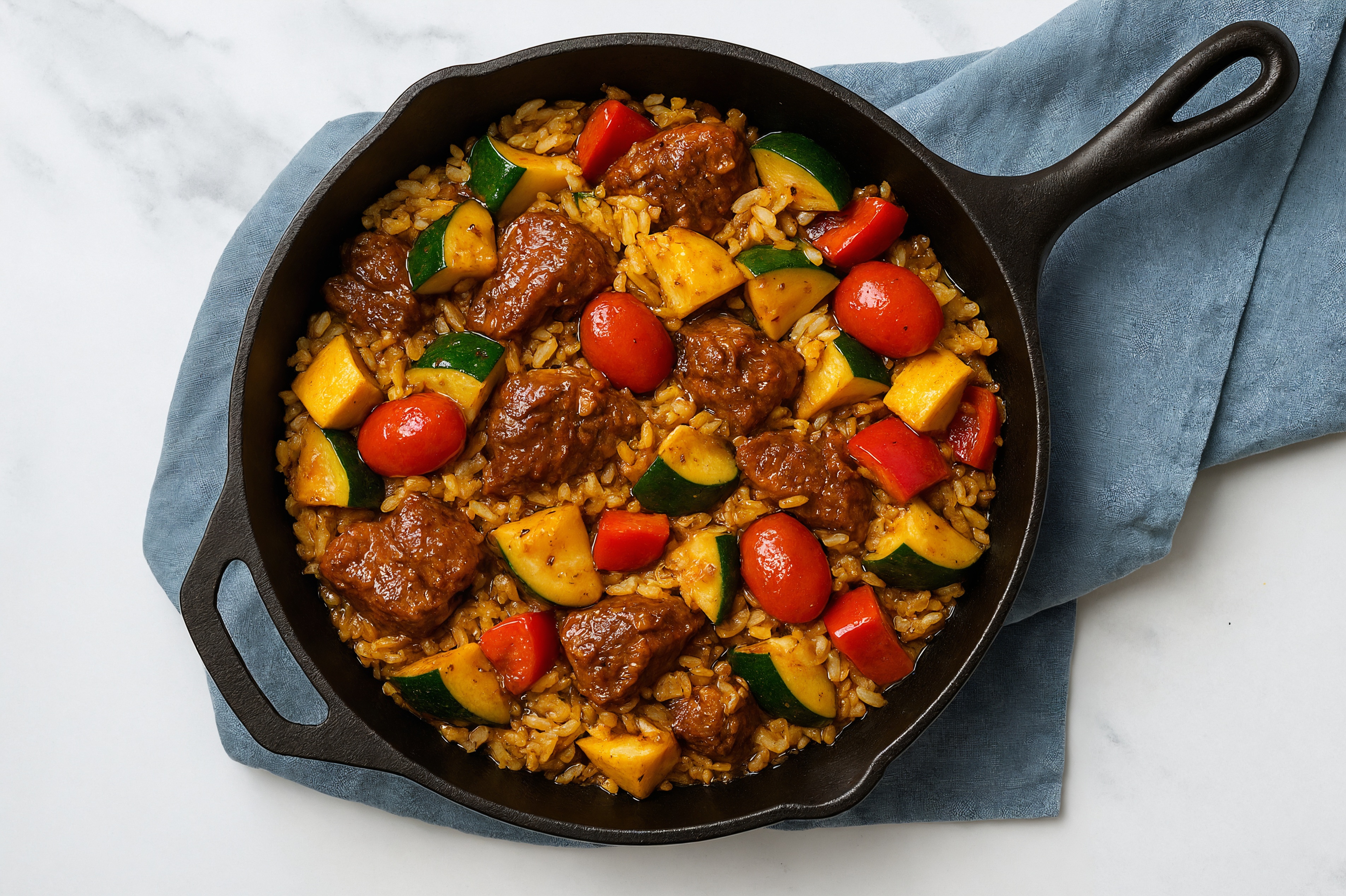 Sesame Ginger Squash + Lamb Stir-Fry with Seasoned Jasmine Rice