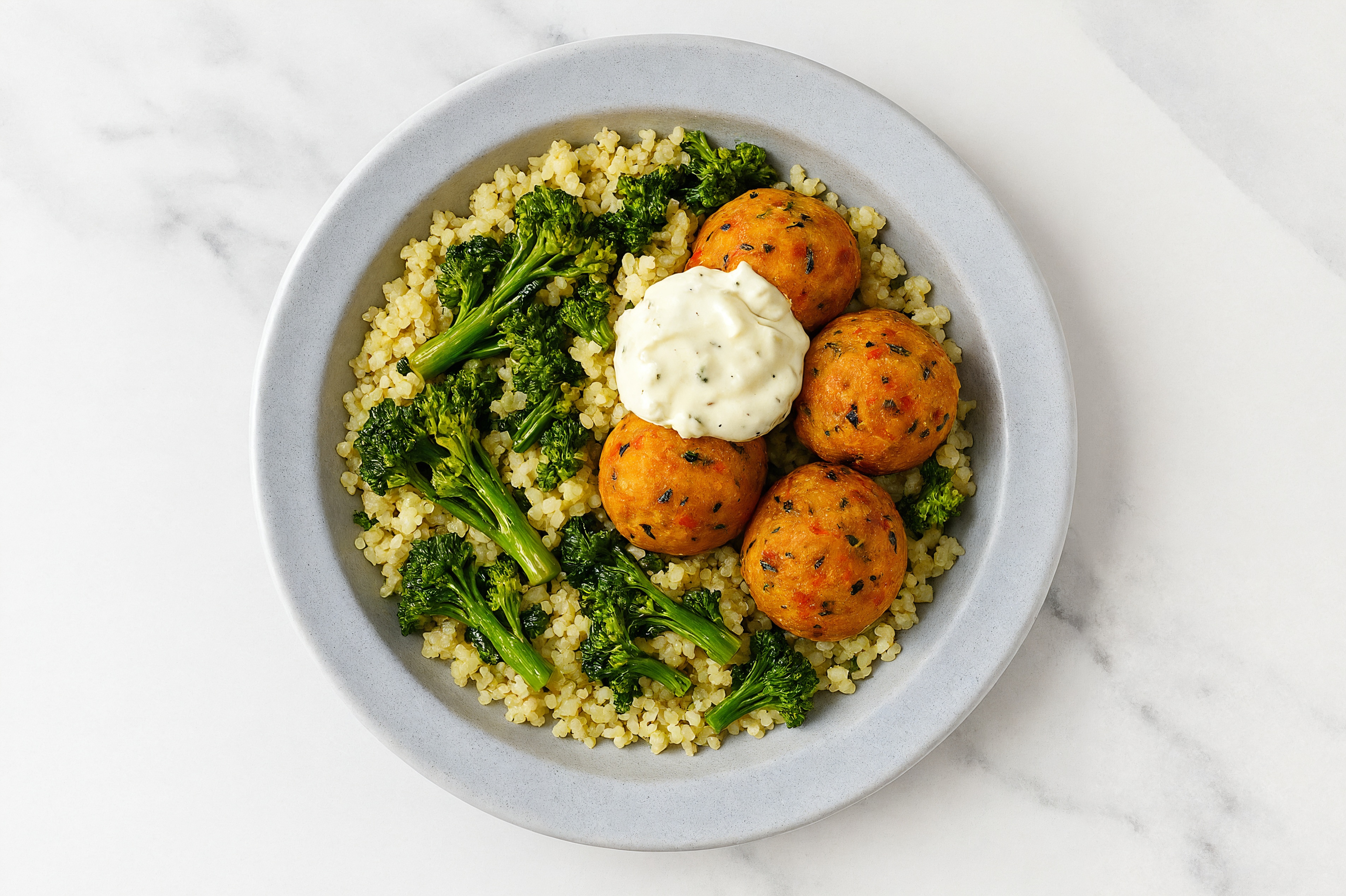 Black Bean Veggie Balls Grain Bowl with Baby Broccoli
