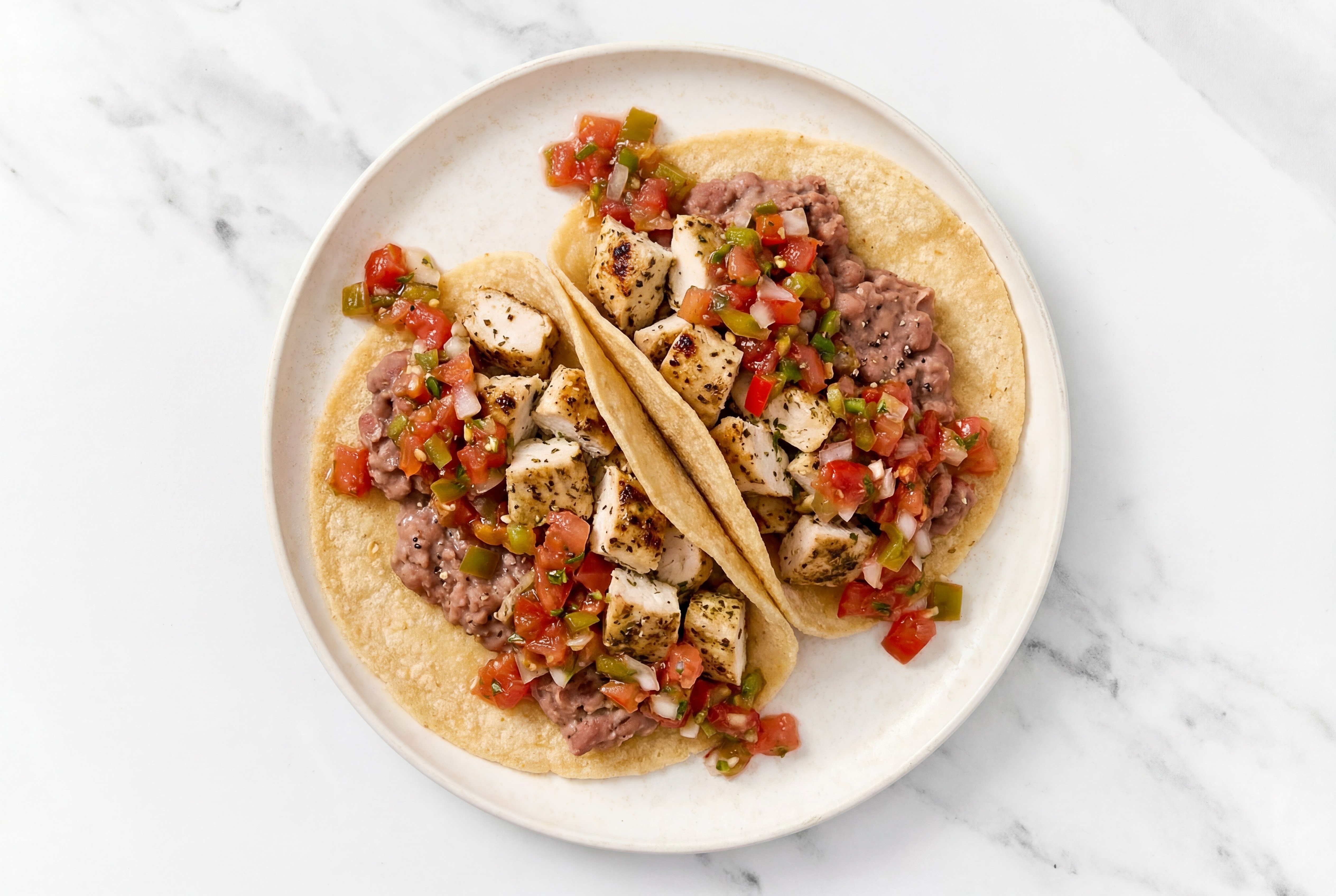 Garlic Chicken Tacos with Pico De Gallo & Refried Red Beans