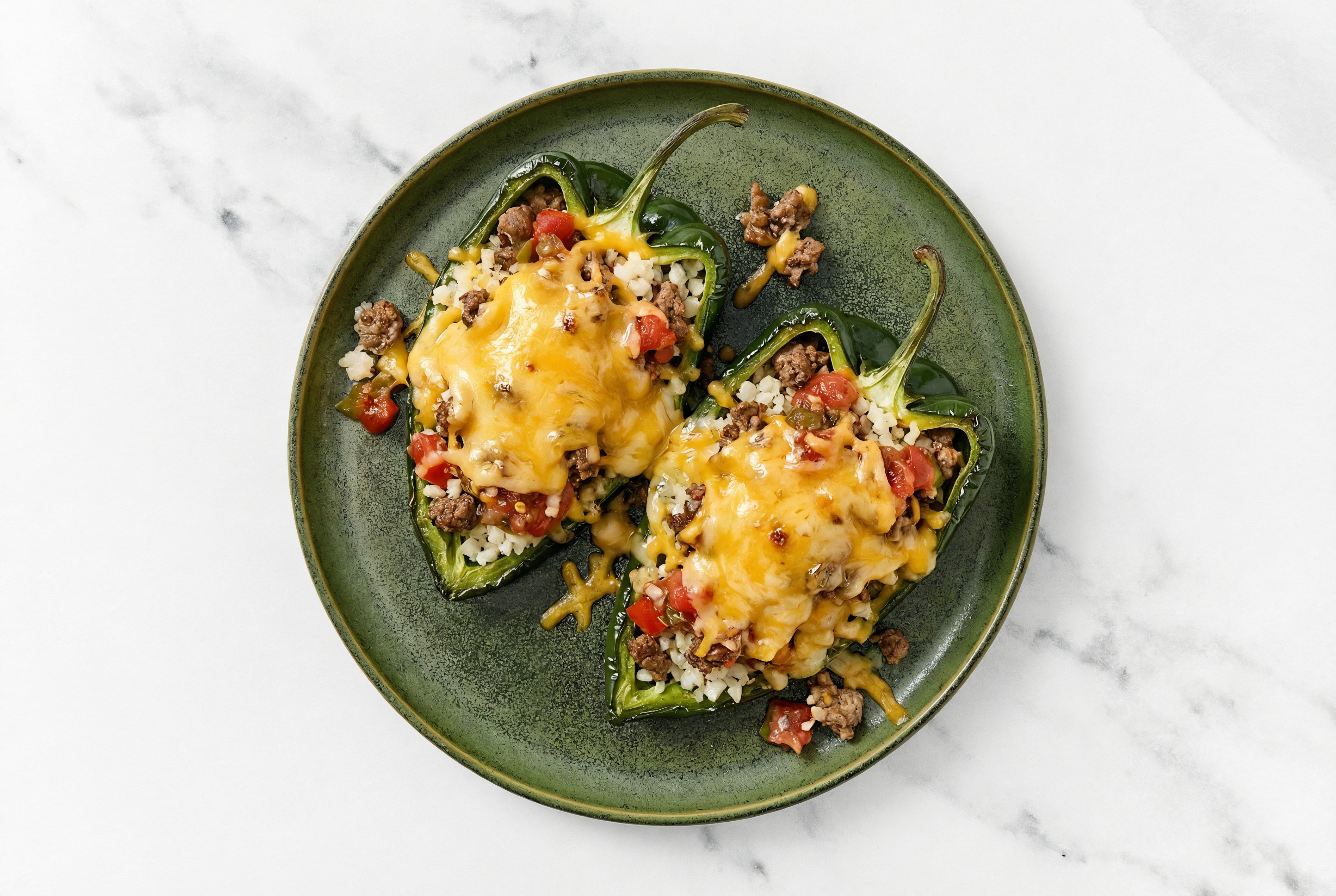 Cheesy Tavern Beef Burger Stuffed Poblano Peppers