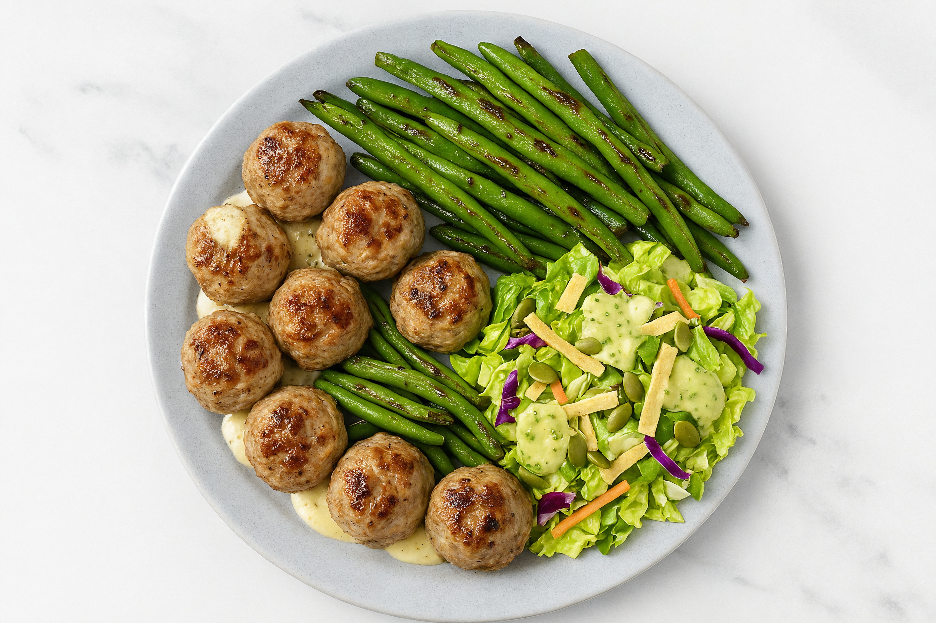 Garlic Baked Lamb Meatballs & Green Beans with Avocado Salad